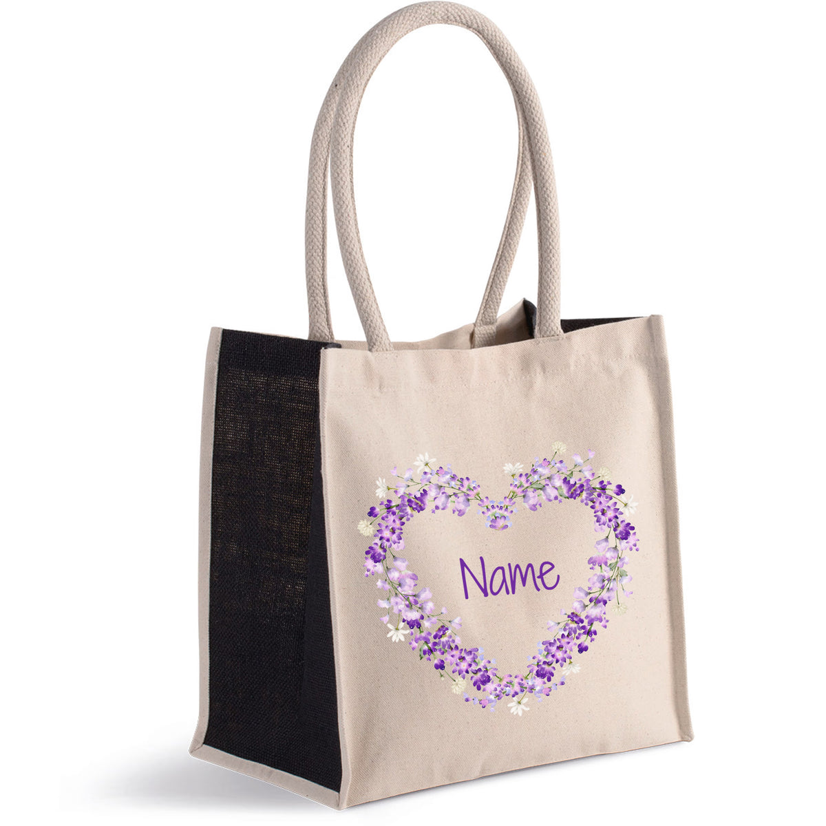 Beige Tasche mit lila Herz und personalisiertem Namen.