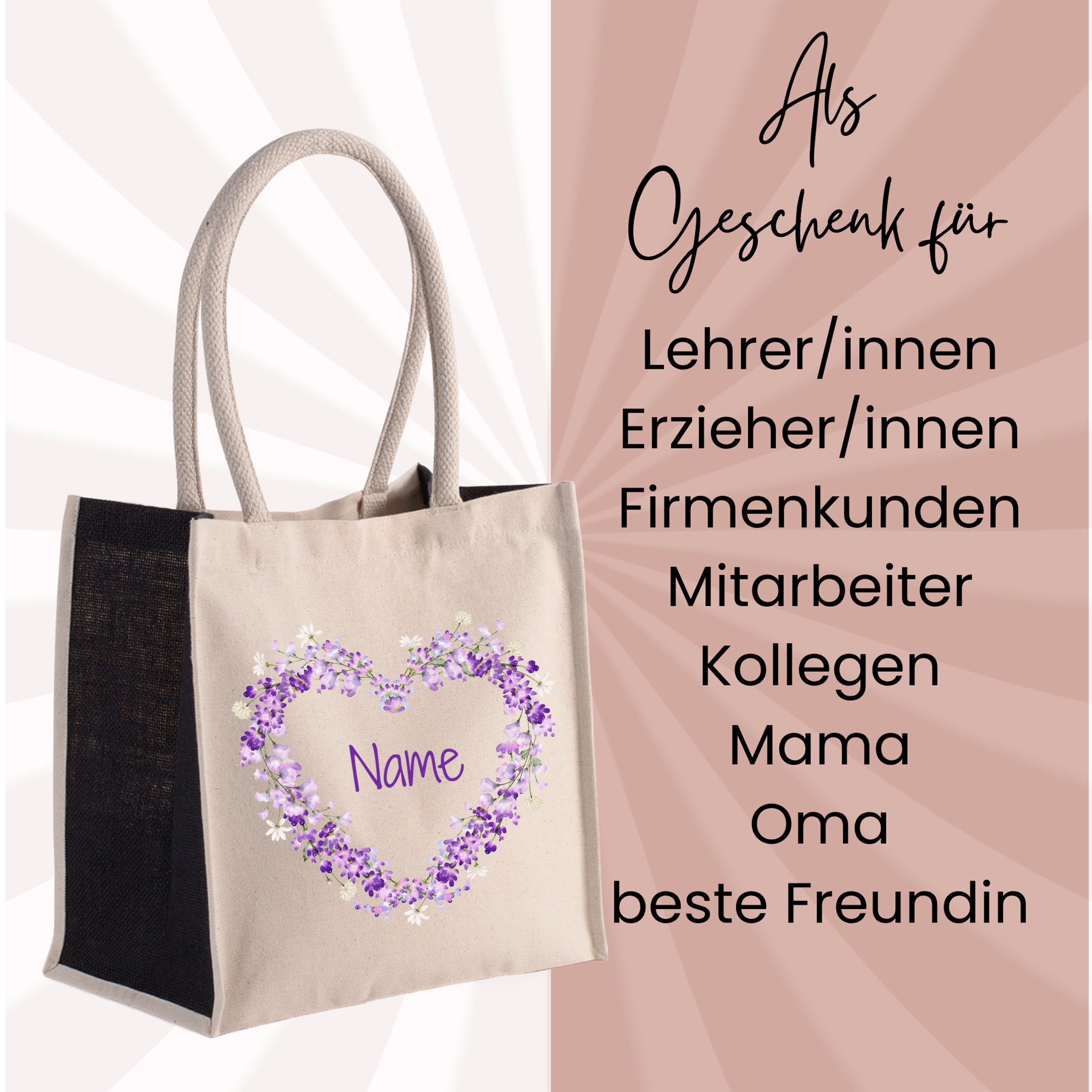 Beige Tragetasche mit lila Herz und personalisierbarem Namen.