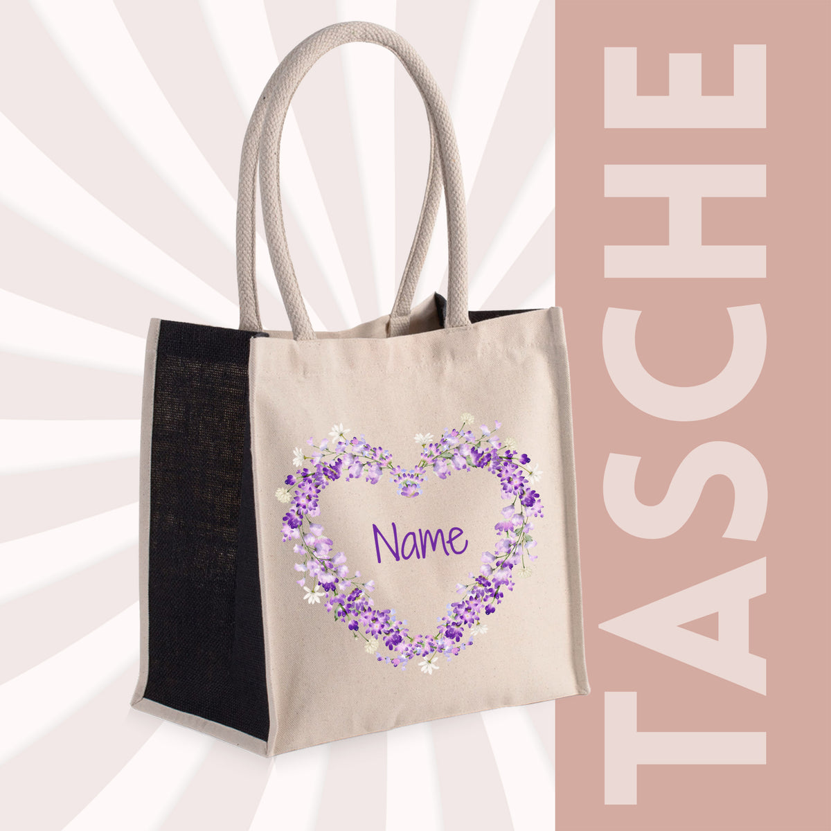 Beige Tasche mit lila Herz und personalisierbarem Namen.