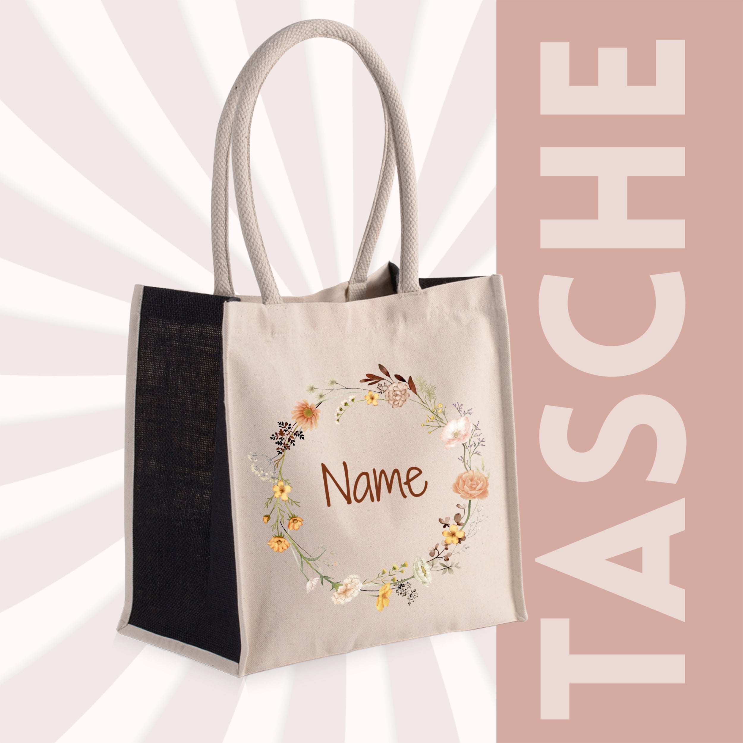 Beige Tasche mit floralem Muster und personalisierbarem Namen.