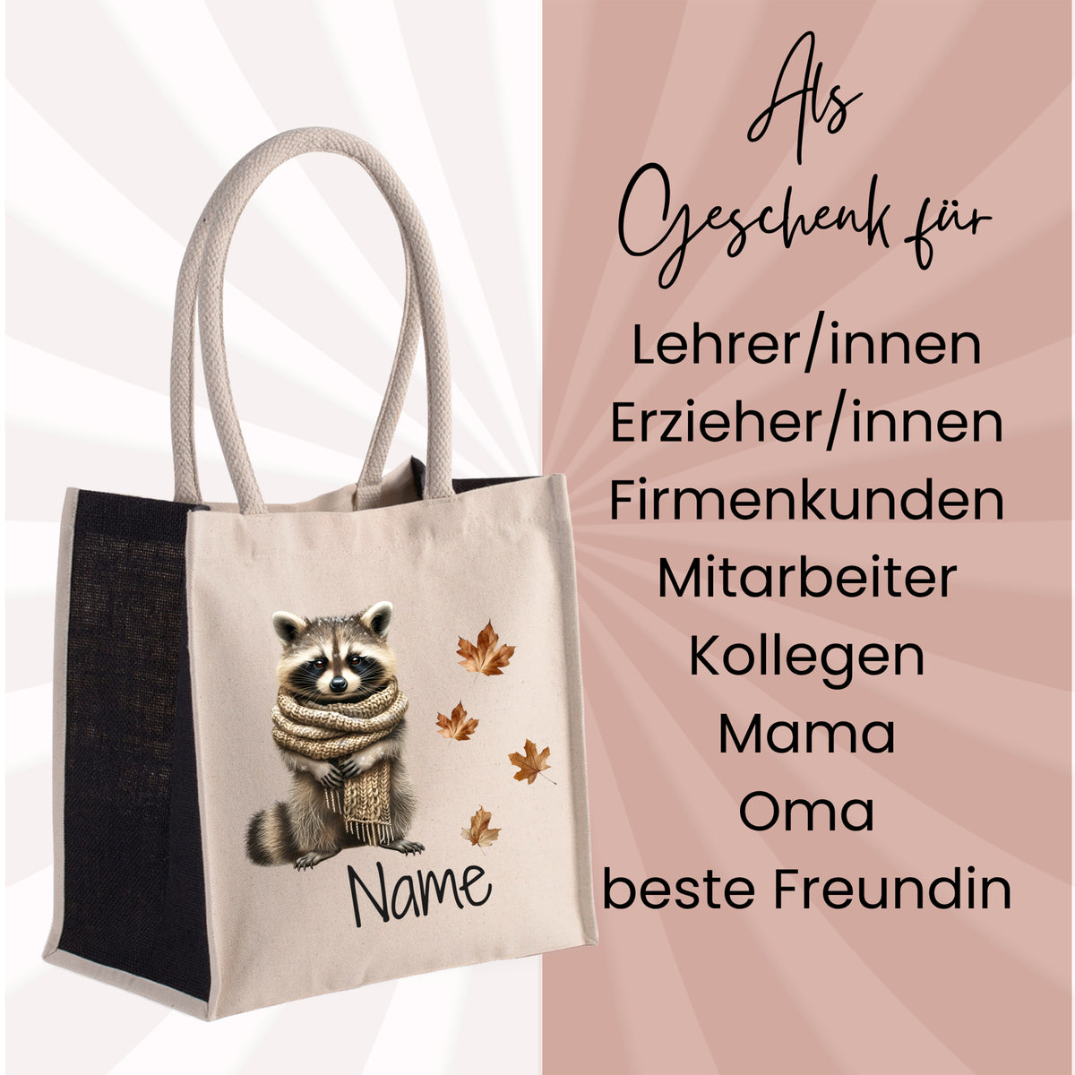 Beige Einkaufstasche mit Waschbär-Motiv und personalisierbarem Namen.