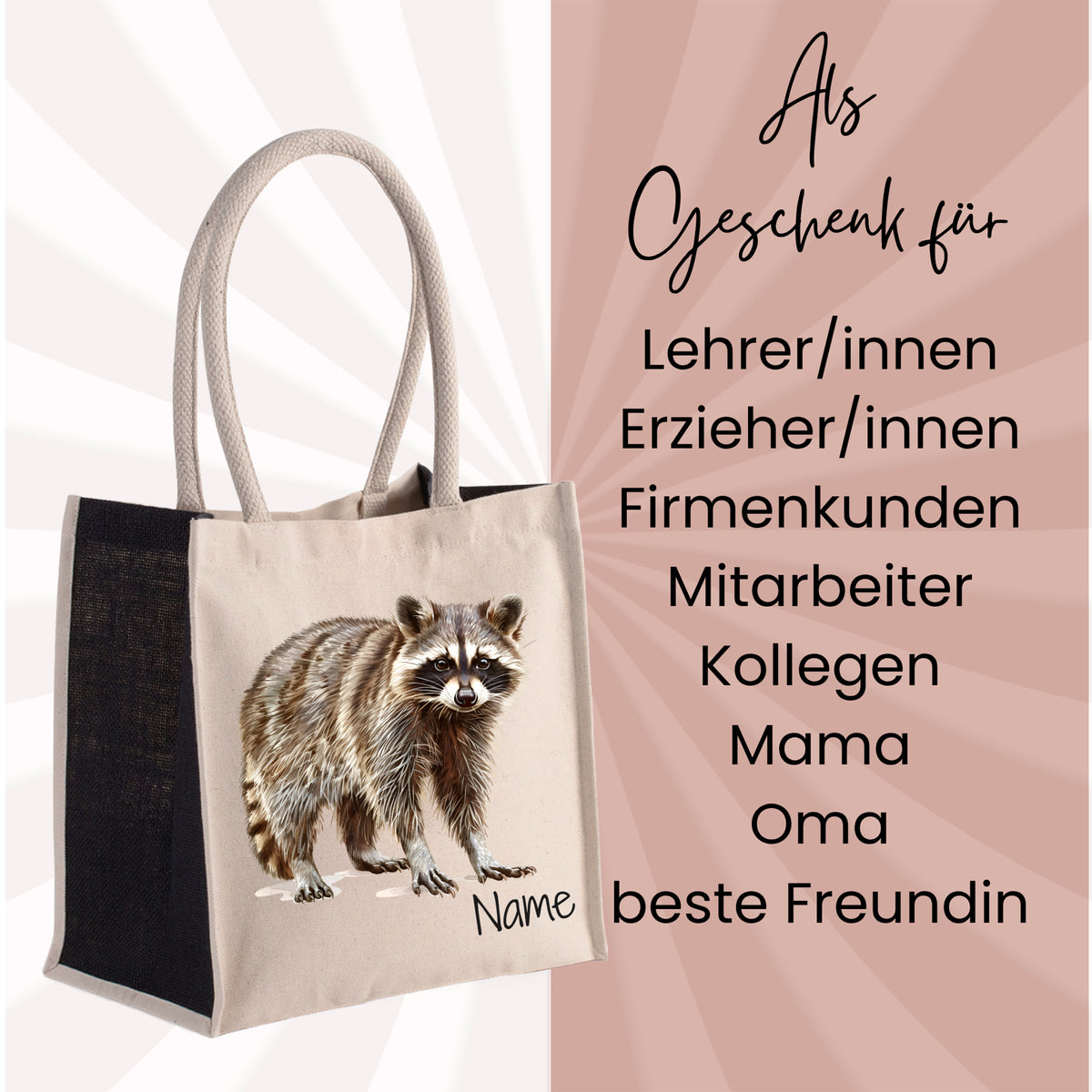 Beige Tragetasche mit Waschbär-Motiv und personalisierbarem Namen.