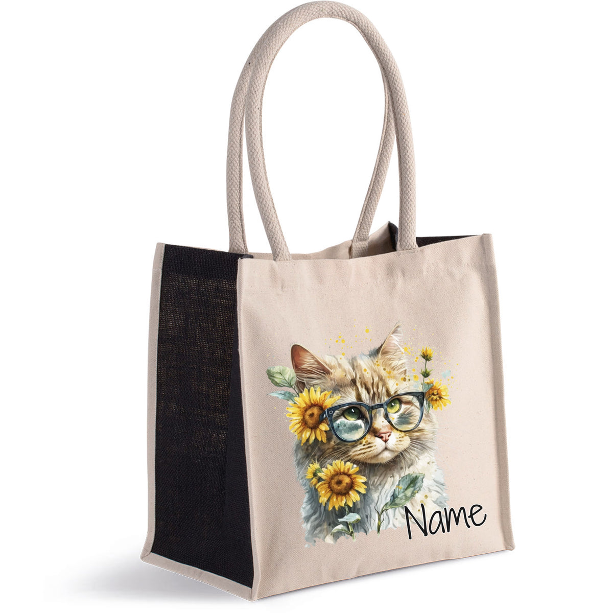 Beige Tasche mit Katzenmotiv, Sonnenblumen und personalisierbarem Namen.