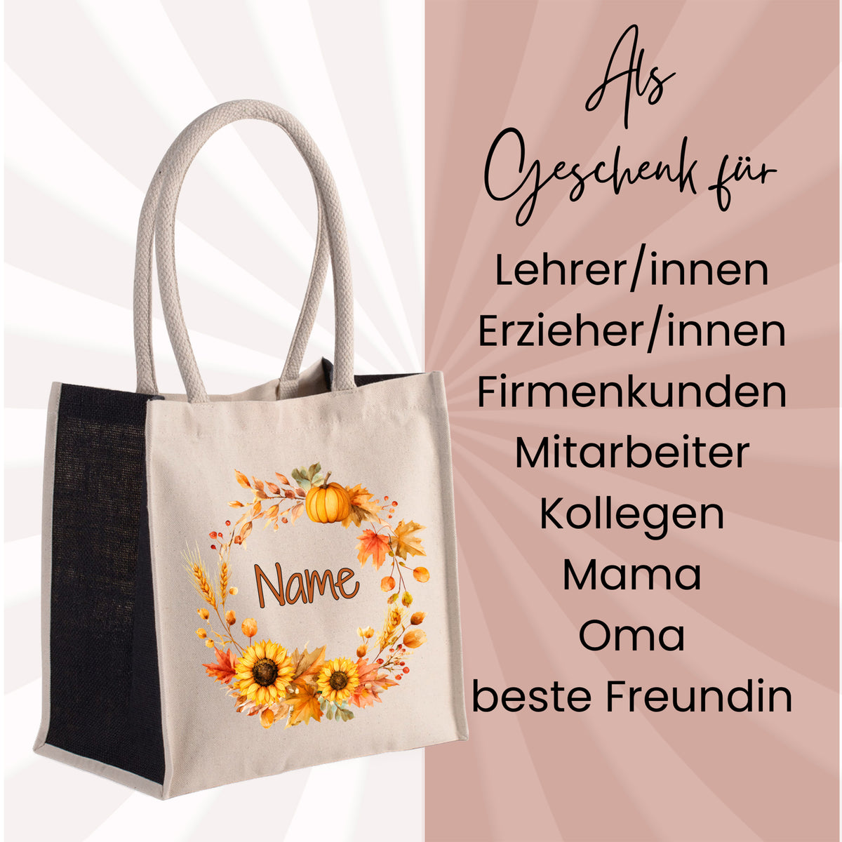 Beige Stofftasche mit Blumenmuster und personalisierbarem Namen.