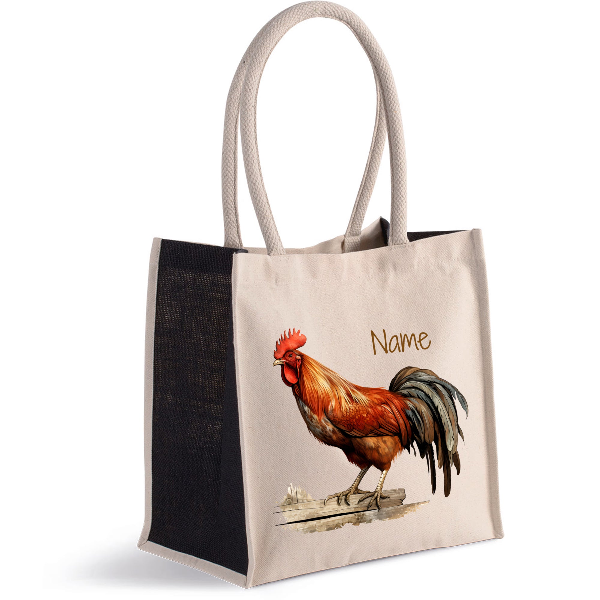 Beige Tasche mit Hahn-Motiv und personalisierbarem Namen.