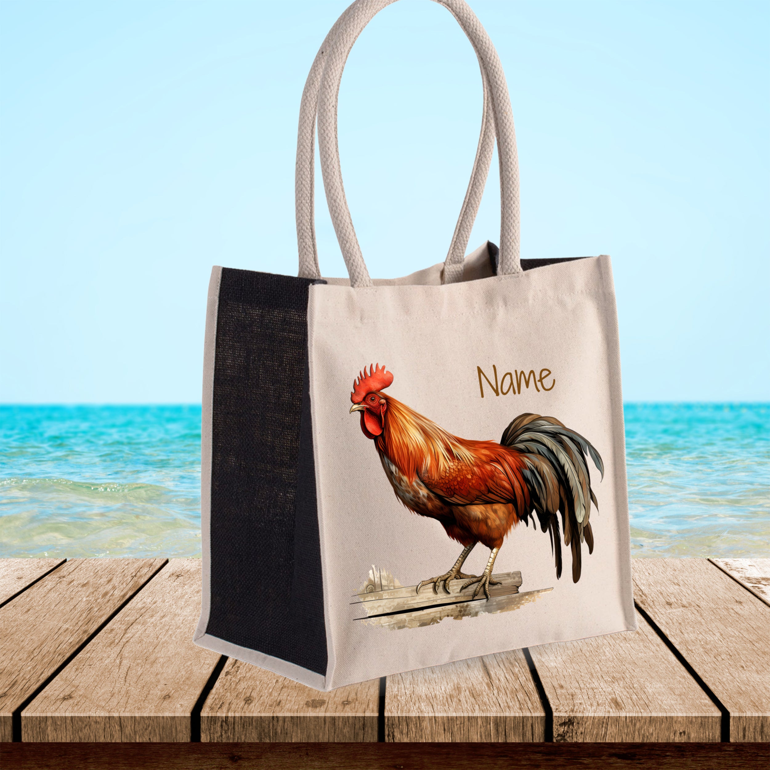 Stofftasche mit Huhn-Motiv in Beige und Dunkelblau.