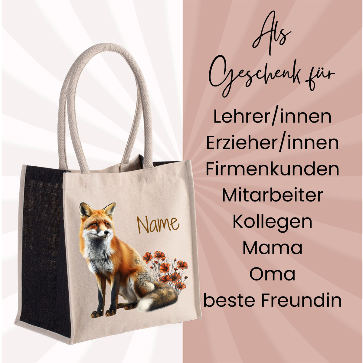 Beige Tragetasche mit Fuchs-Motiv und personalisierbarem Namen.