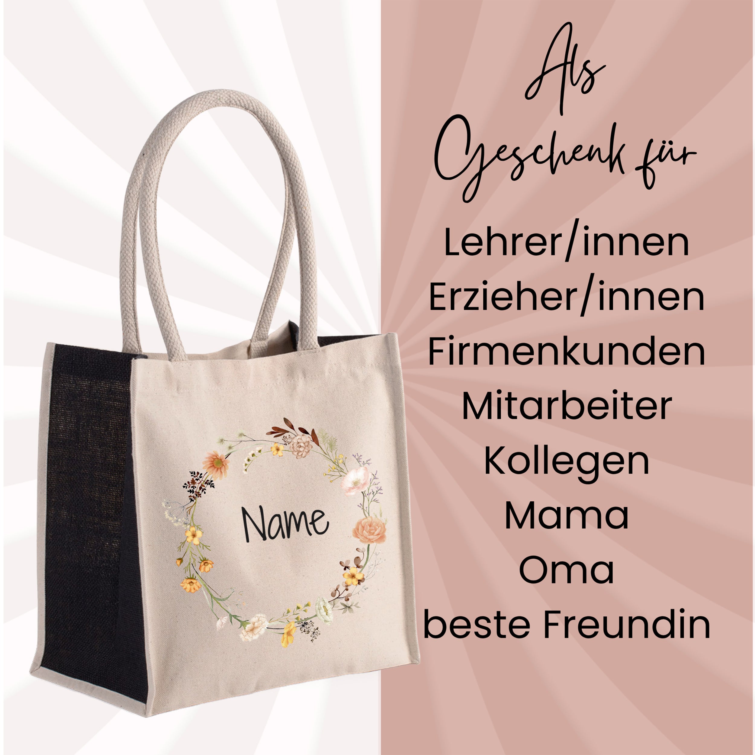 Beige Stofftasche mit Blumenkranz und personalisierbarem Namen.
