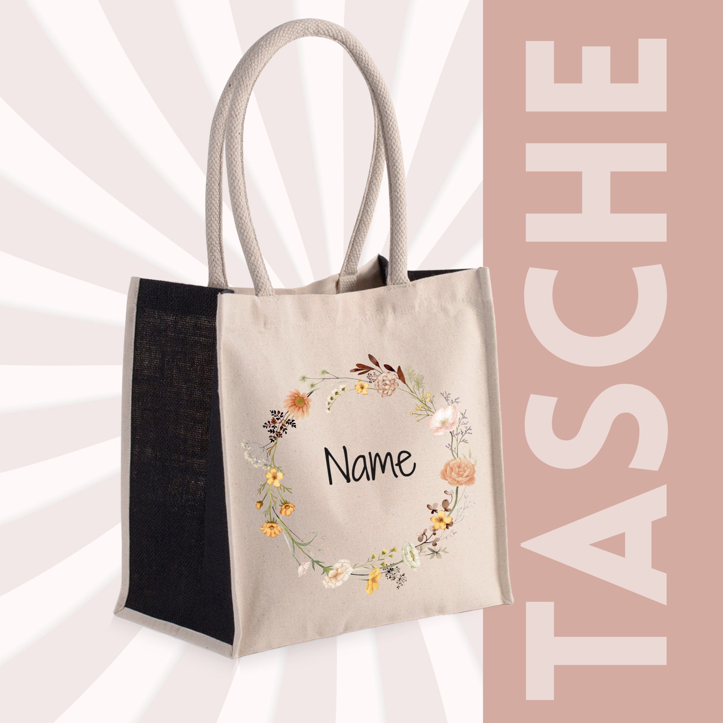 Beige Tasche mit floralem Design und personalisierbarem Namen.