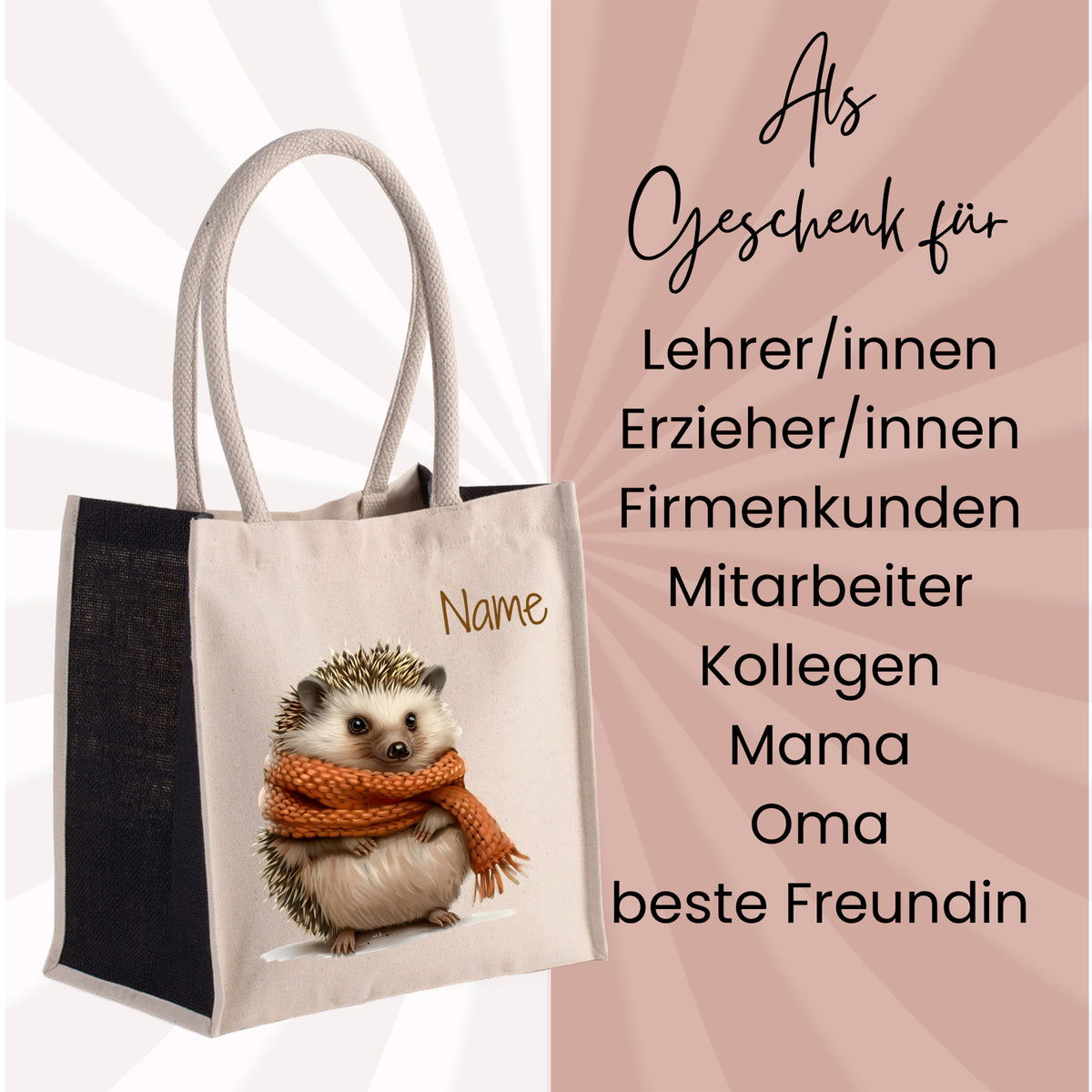 Stofftasche mit Igelmotiv und personalisierbarem Namen.