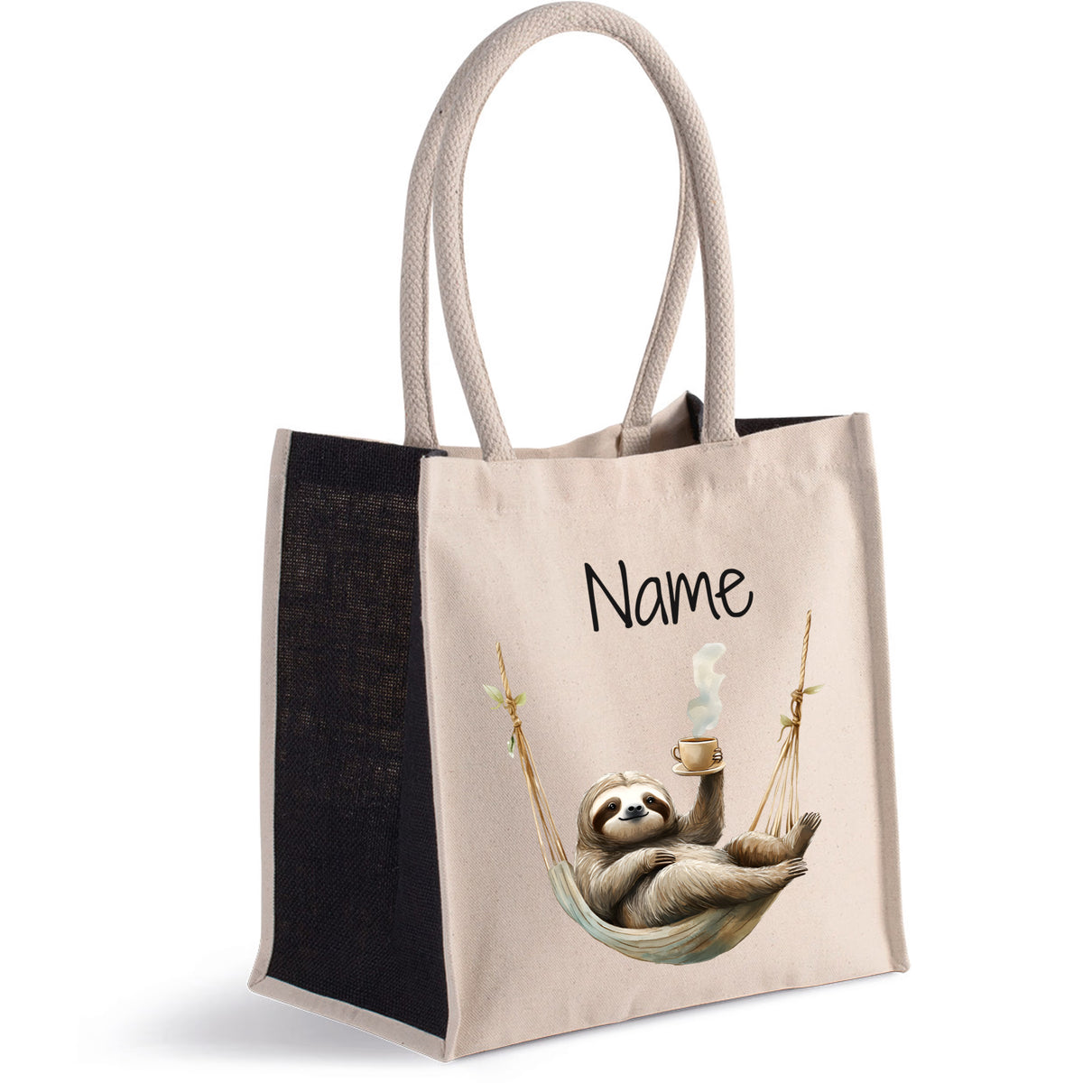 Beige Tasche mit Faultier-Motiv und personalisierbarem Namen.