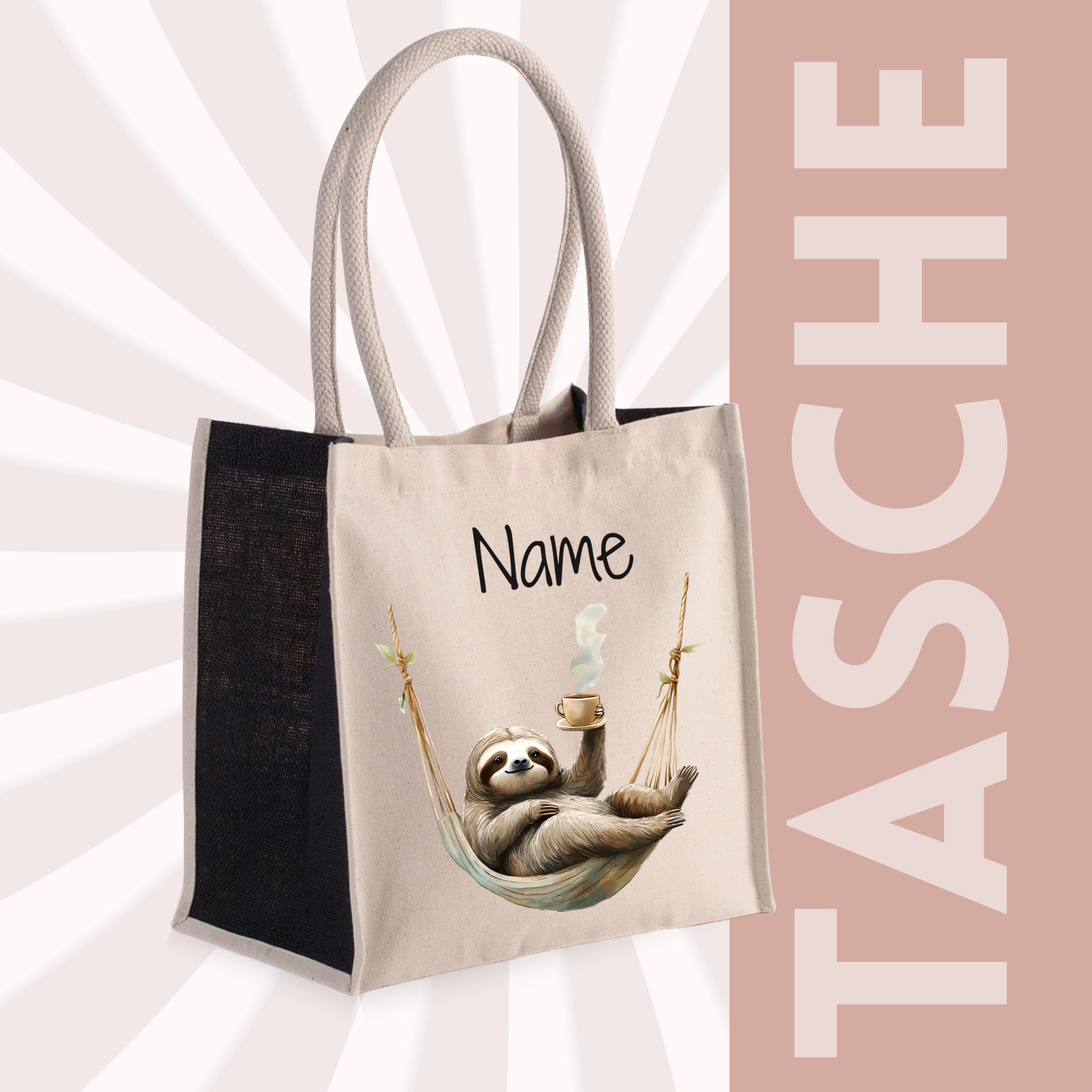 Beige Tasche mit Faultier und personalisierbarem Namen.