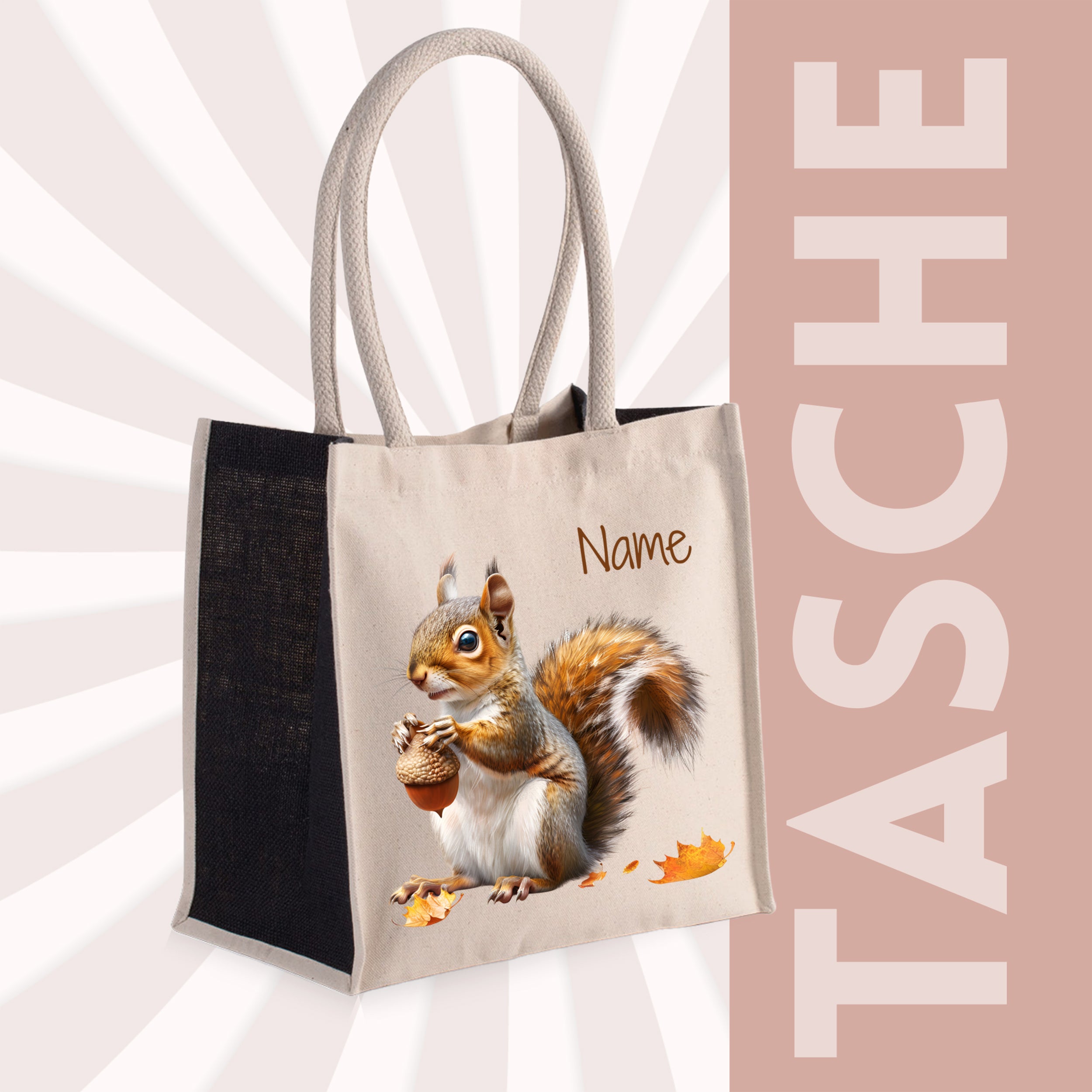 Beige Tasche mit Eichhörnchen-Motiv und personalisierbarem Namen.