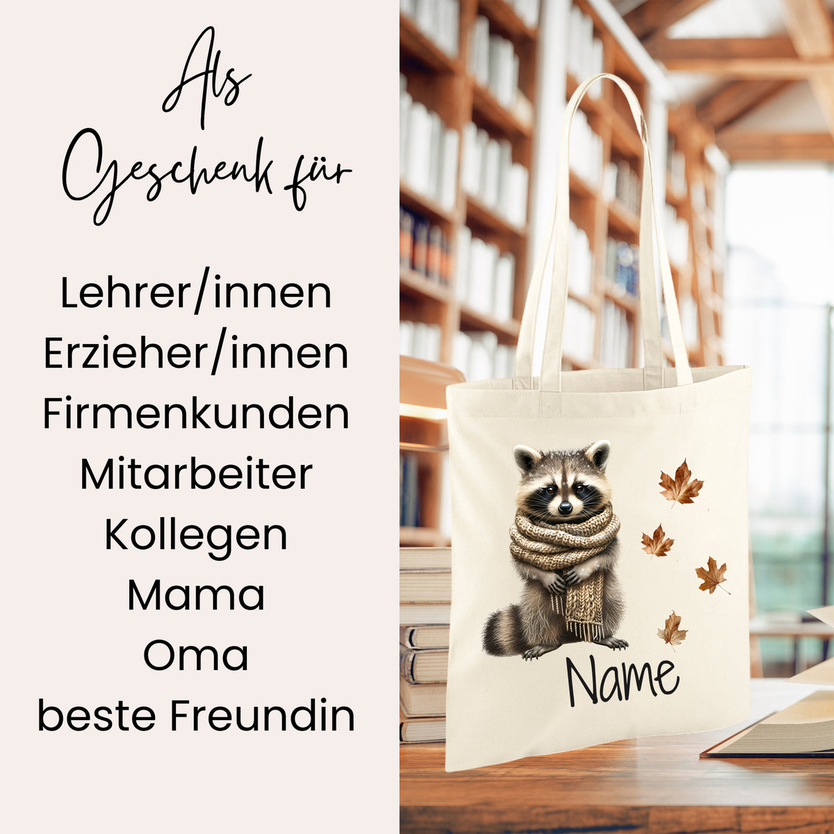 Beige Tasche mit Waschbär und personalisierbarem Namen.