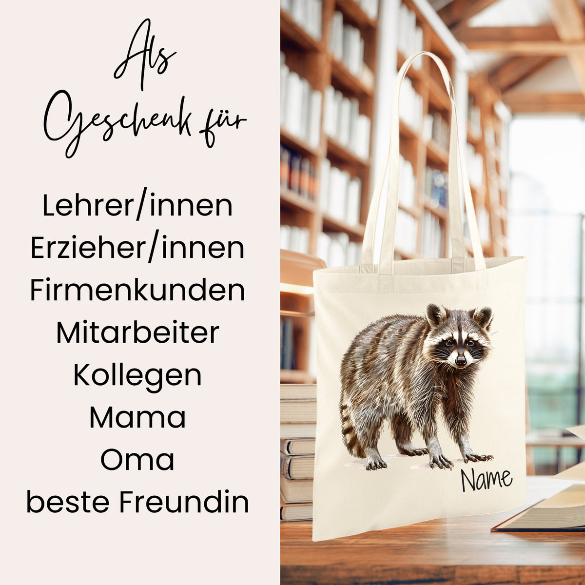 Beige Tragetasche mit Waschbär-Motiv und personalisierbarem Namen.