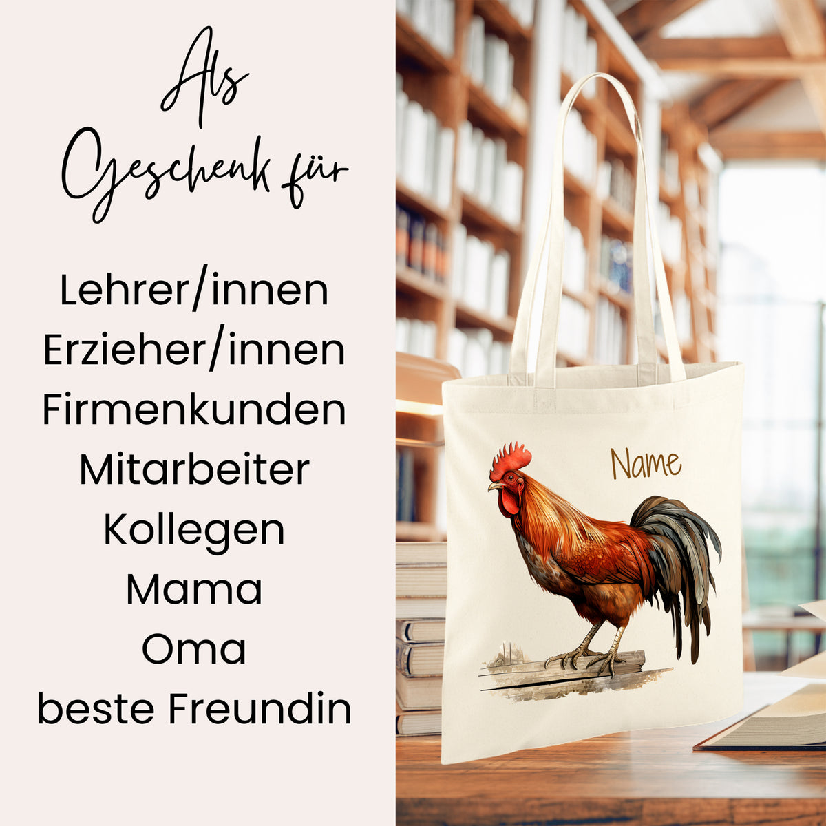 Beige Tragetasche mit Huhn-Illustration, personalisierbar.