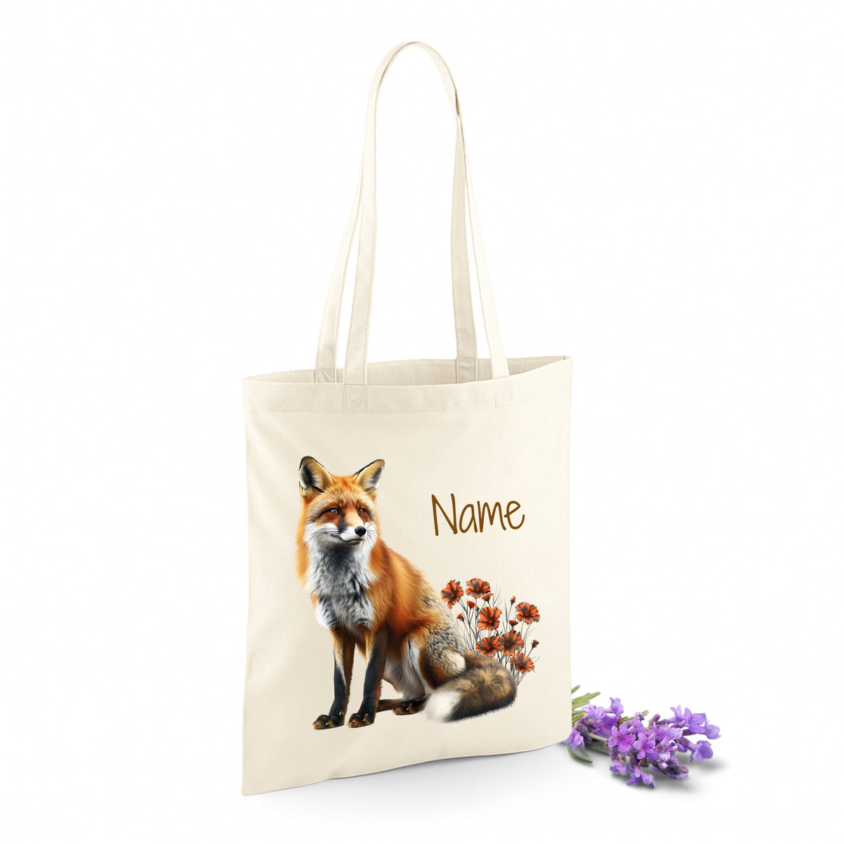 Beige Tragetasche mit Fuchs und Blumenmotiv.