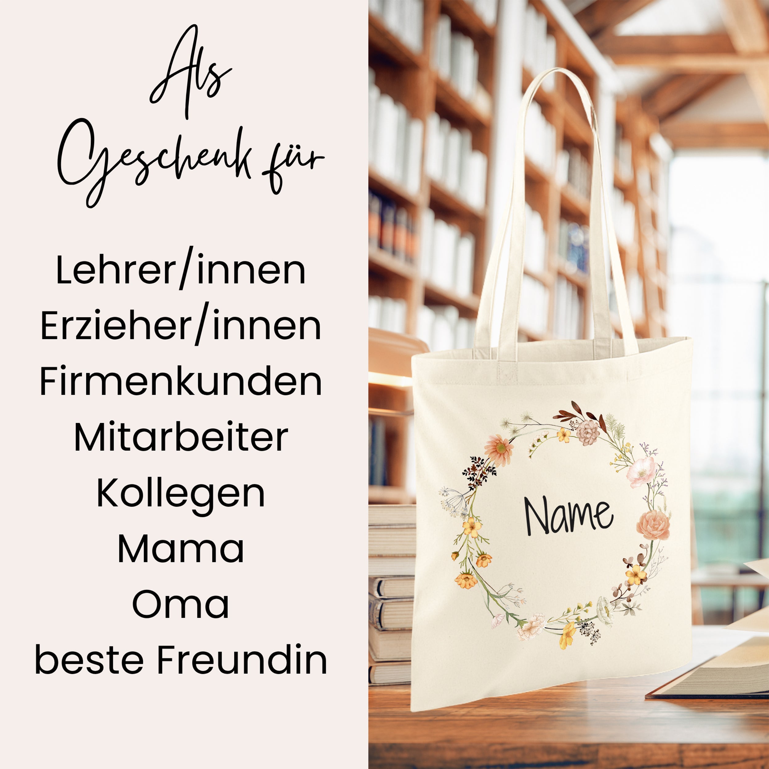 Beige Baumwolltasche mit floralem Design und personalisierbarem Namen.