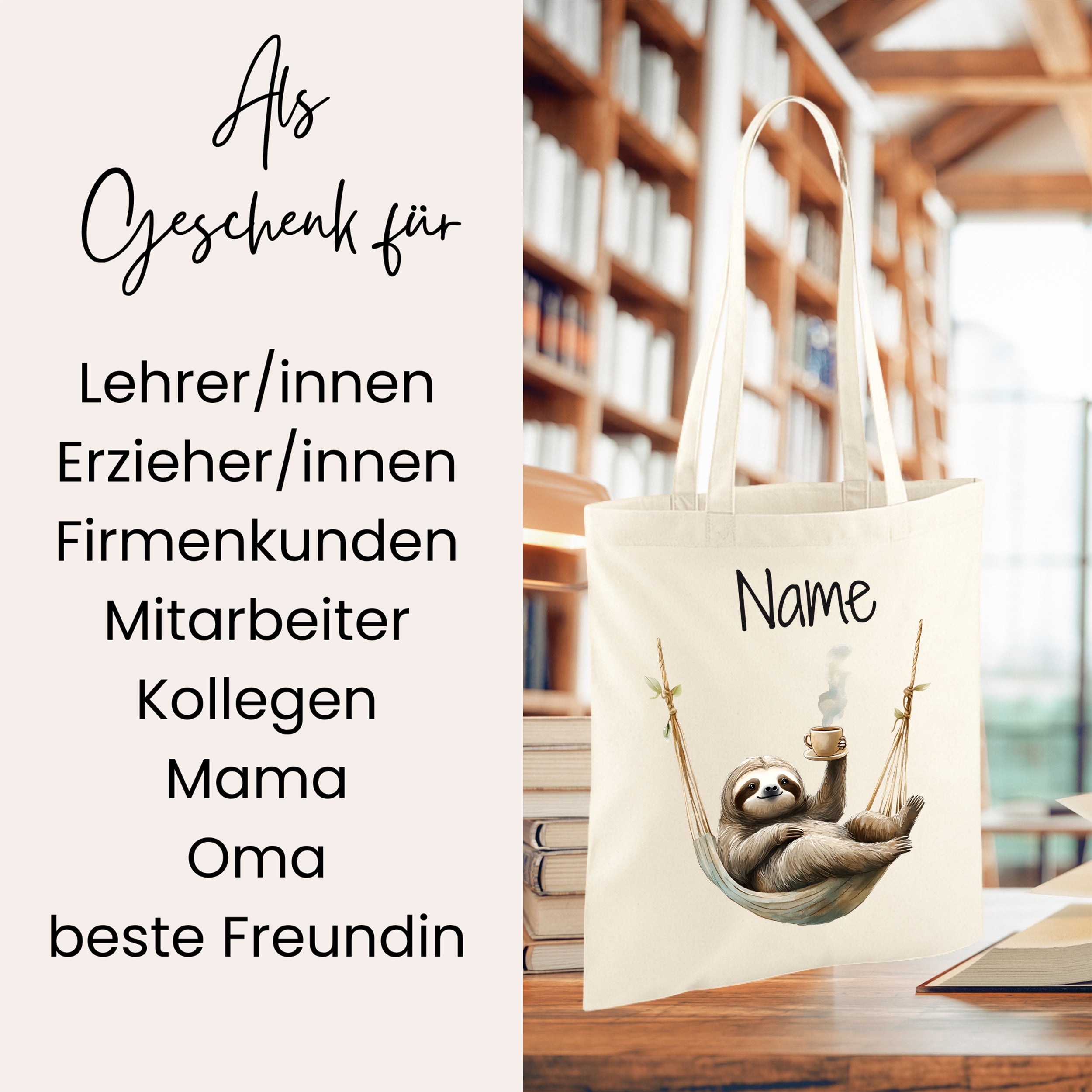Beige Tragetasche mit schlafendem Faultier und personalisierbarem Namen.