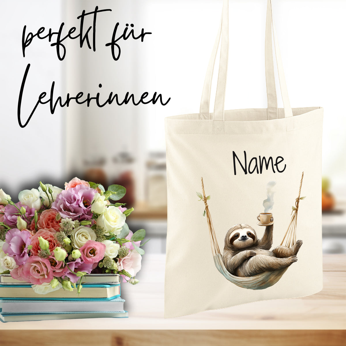 Beige Tasche mit Faultier und personalisierbarem Namen.