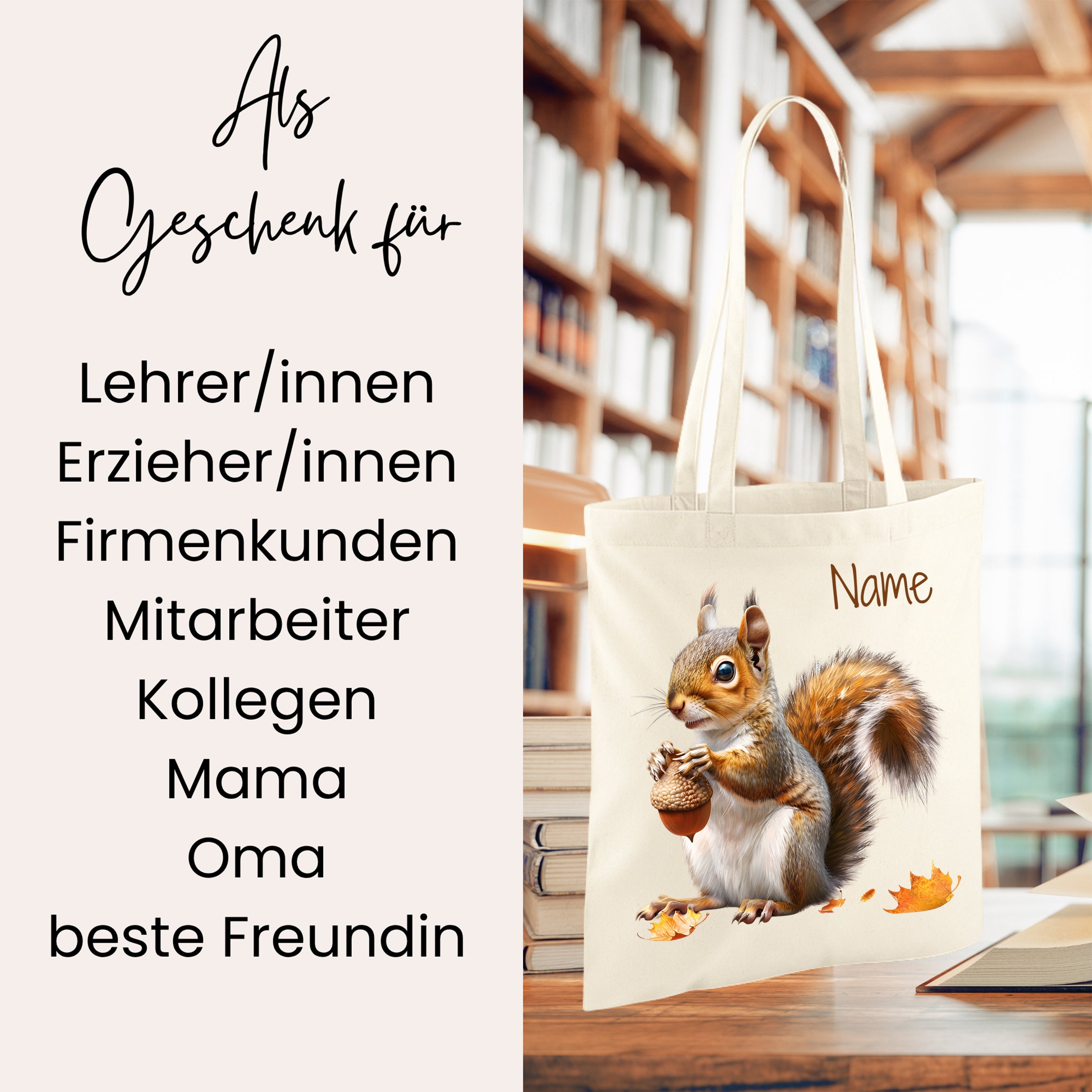 Beige Tragetasche mit Eichhörnchen und personalisierbarem Namen.