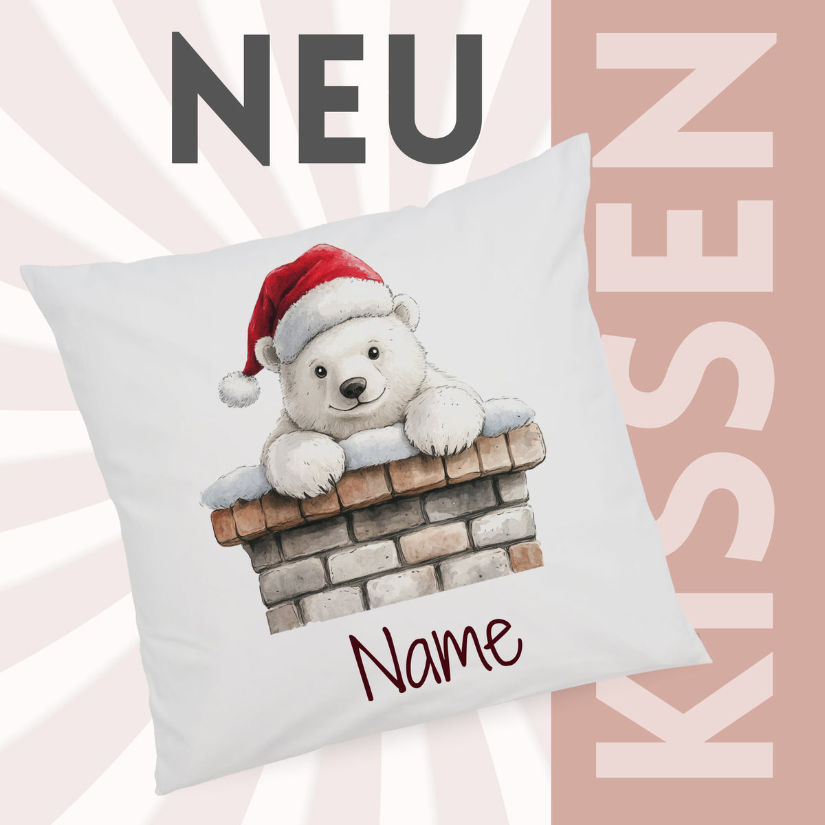 Kissen mit niedlichem Weihnachtsbären und personalisierbarem Namen.