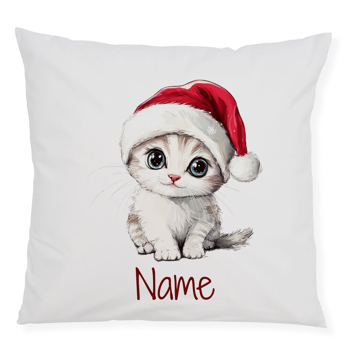 Kissen mit niedlicher Katze und Weihnachtsmütze, personalisierbar.