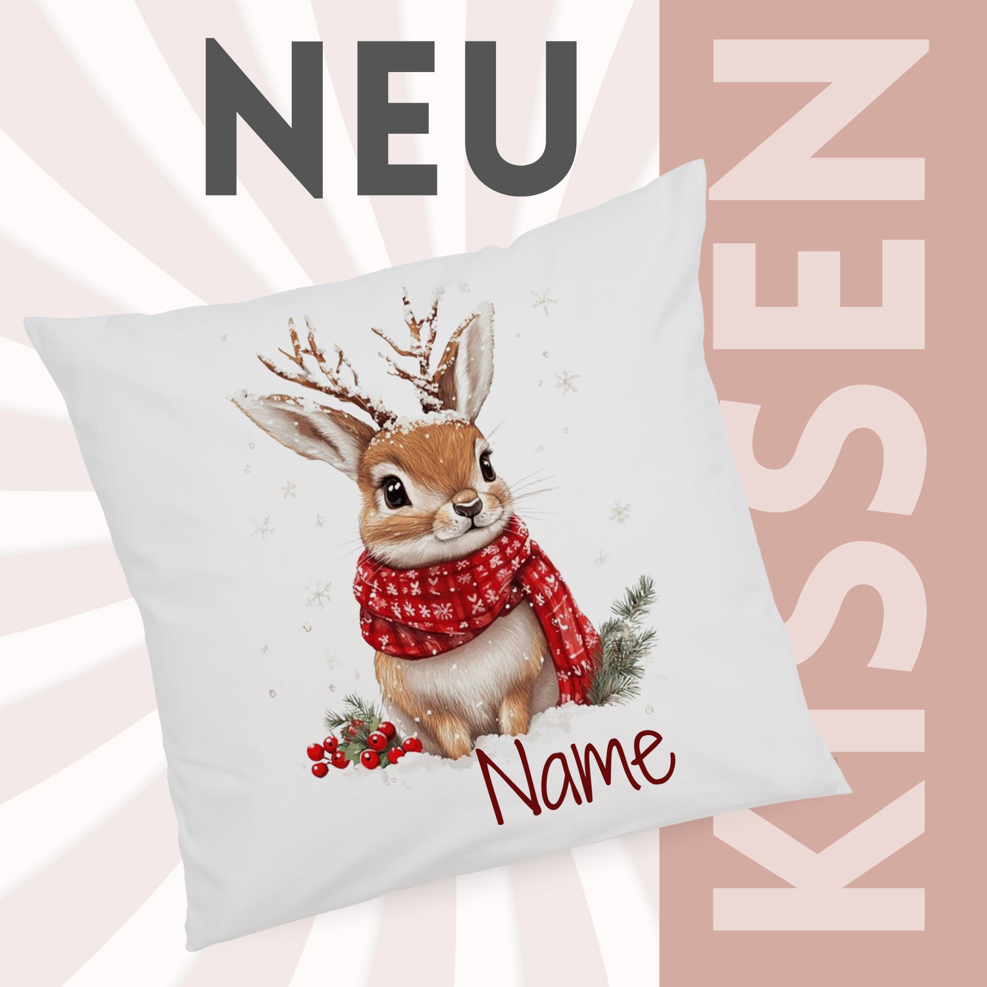 Kissen mit niedlichem Hasen, rotem Schal und personalisierbarem Namen.