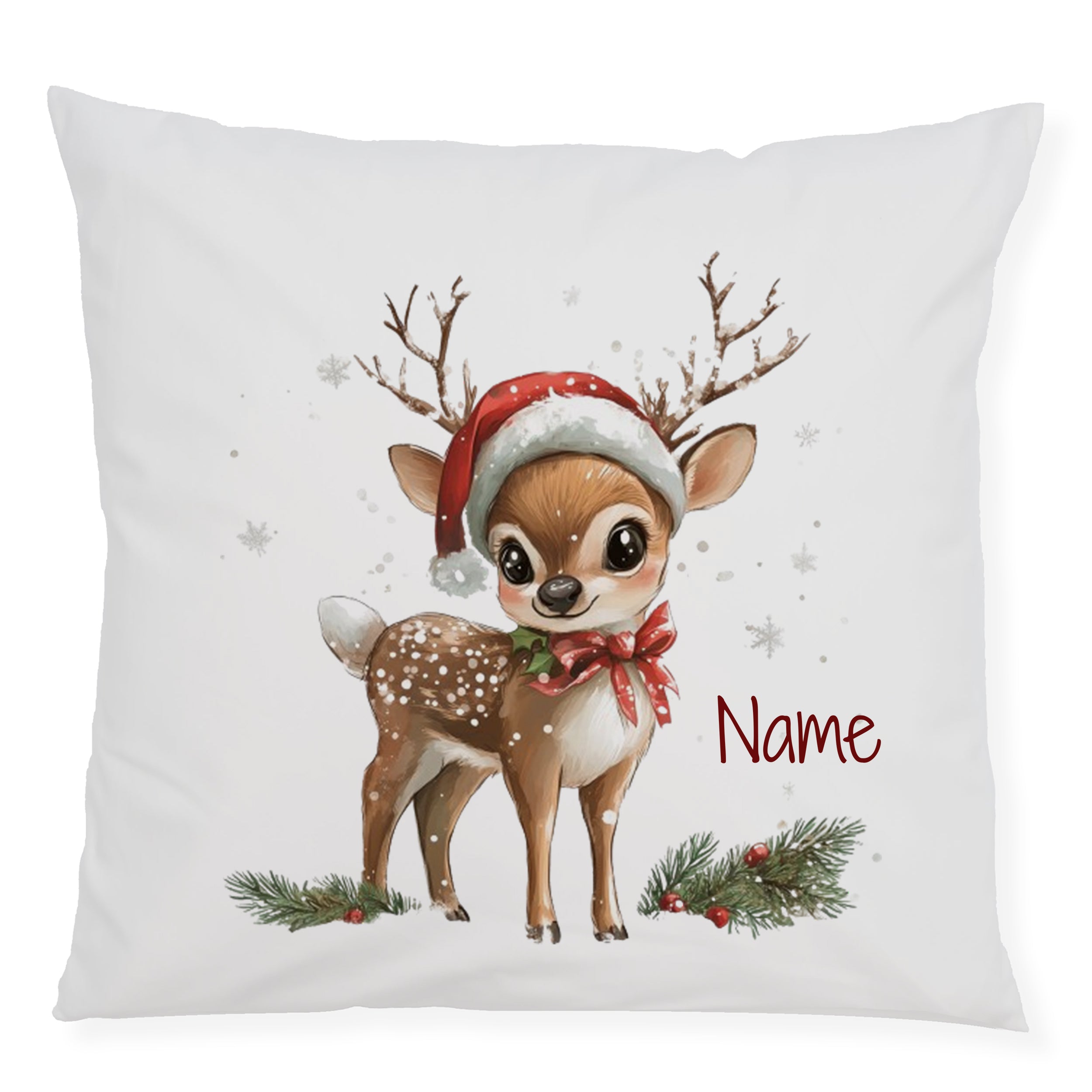 Kissen mit niedlichem Reh im Weihnachtslook, rot und grün.
