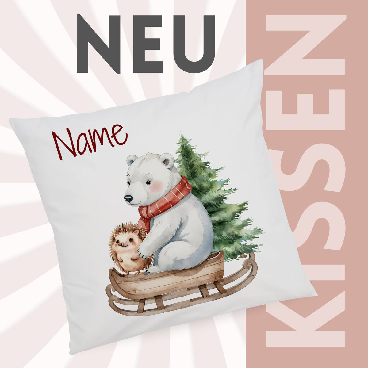 Kissen mit Bär und Igel, grünem Baum, personalisierbar.