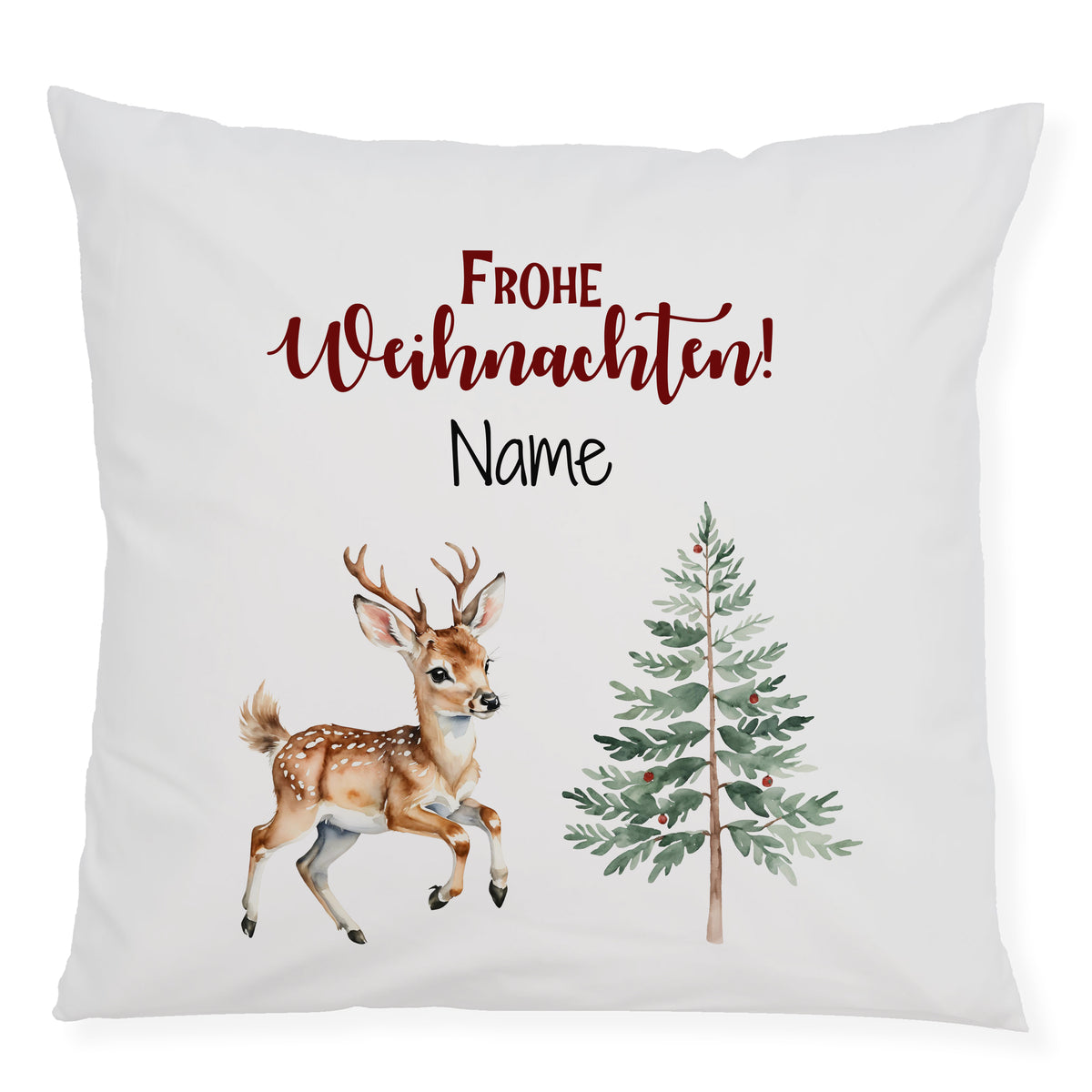 Weihnachtliches Kissen mit Reh und Tannenbaum, weiß.
