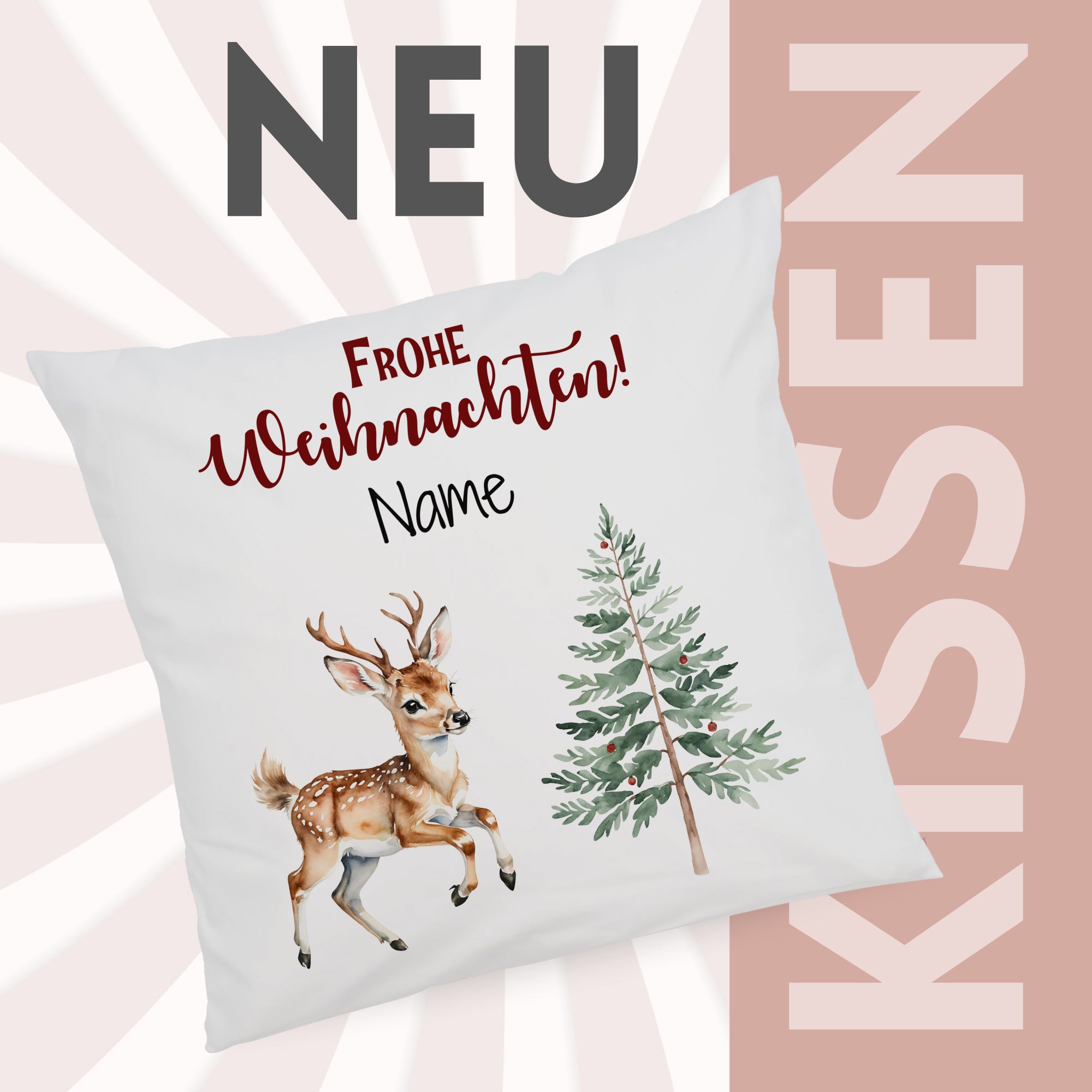 Weißes Kissen mit Weihnachtsmotiv, Reh und Tannenbaum.
