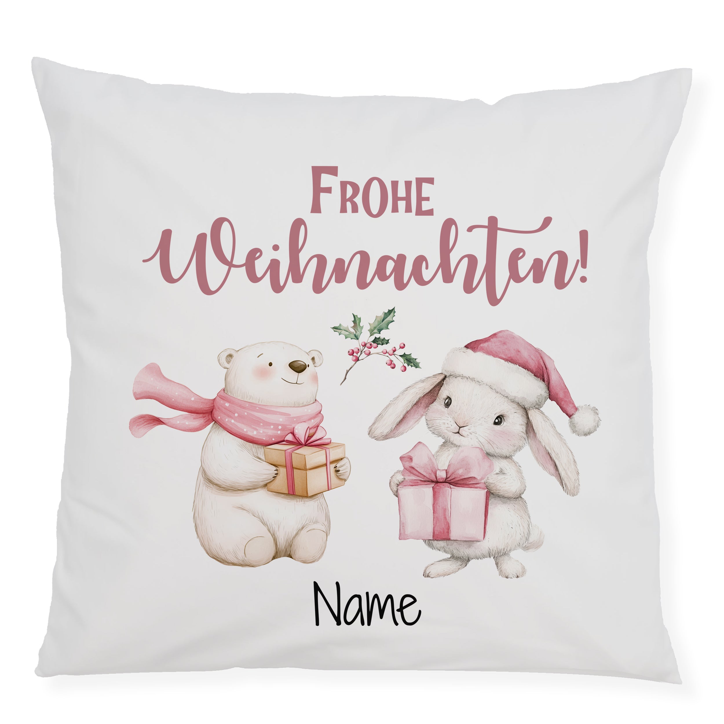 Kissen mit Weihnachtsmotiven, Bär und Hase, rosa und weiß.
