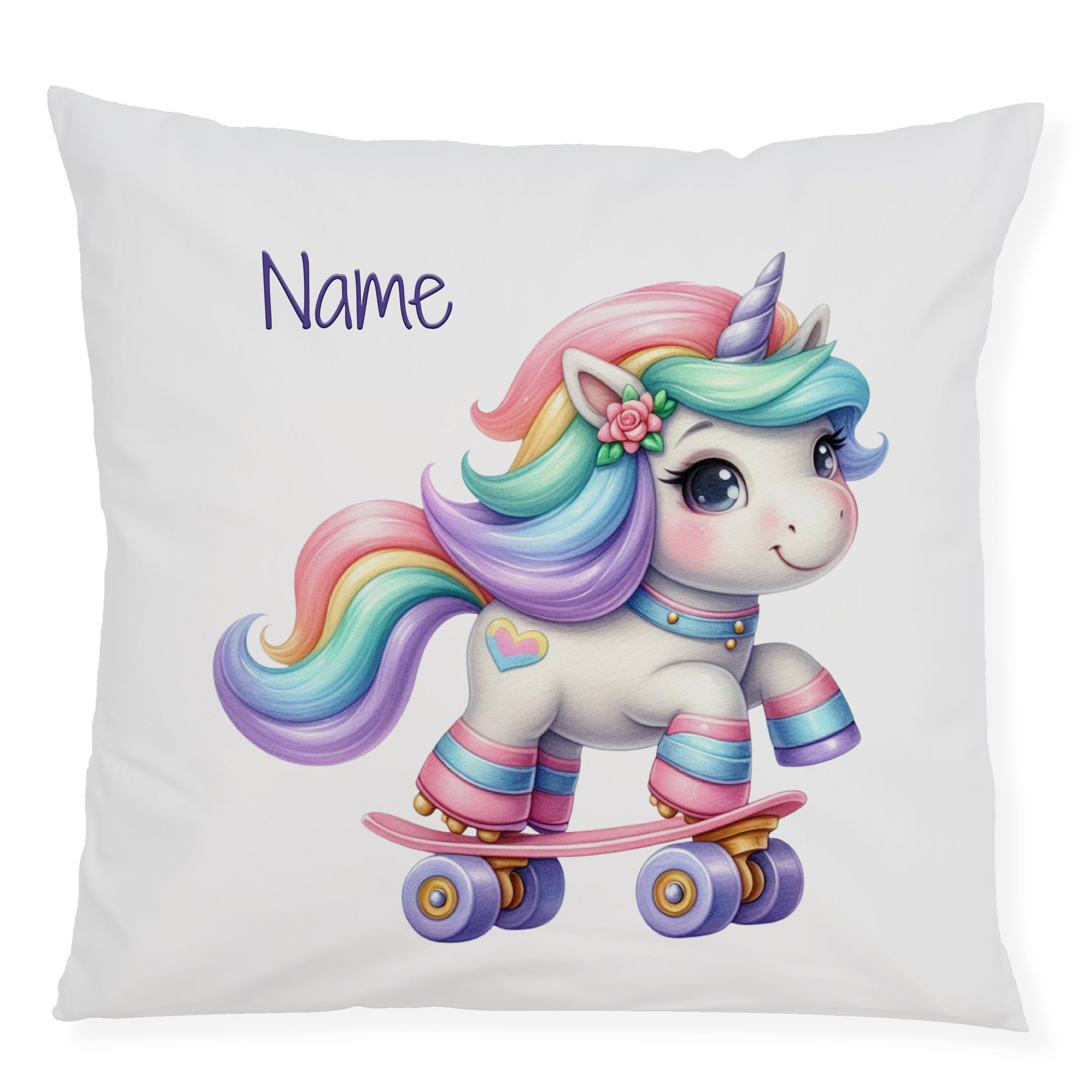 Einhorn auf Skateboard, pastellfarbene Mähne, personalisierbar.
