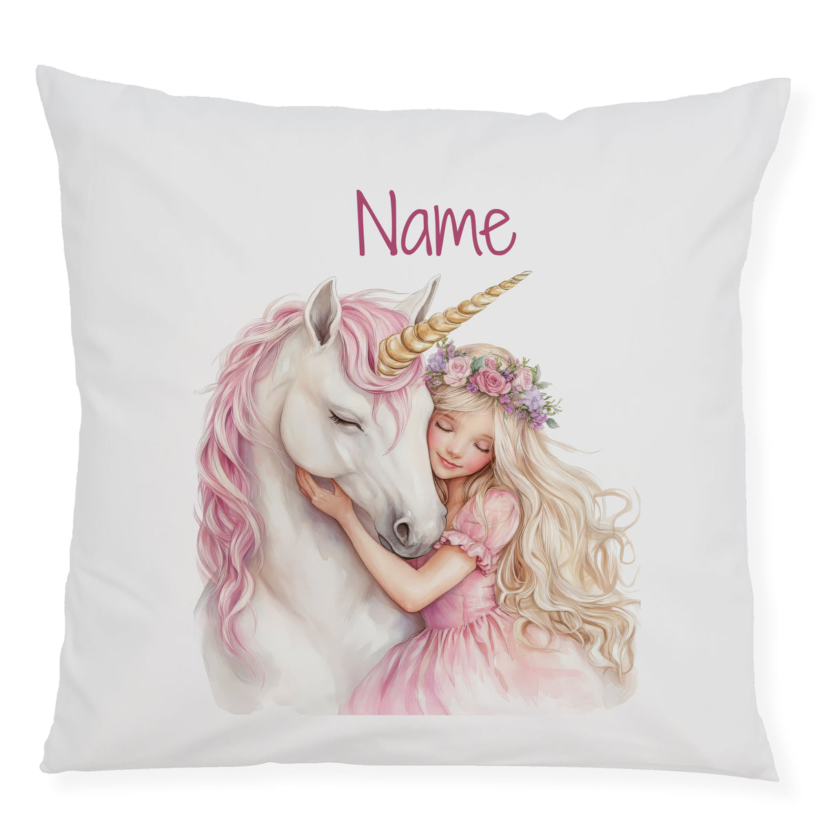 Kissen mit Einhorn und Mädchen in Pastellfarben.