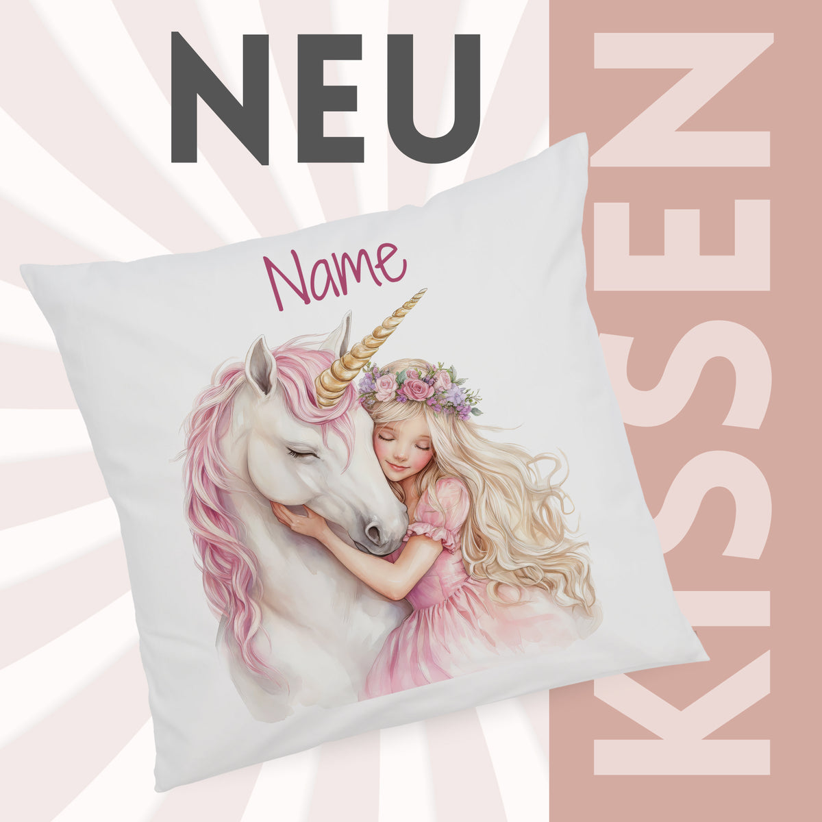 Kissen mit Einhorn und Mädchen in Pastellfarben.