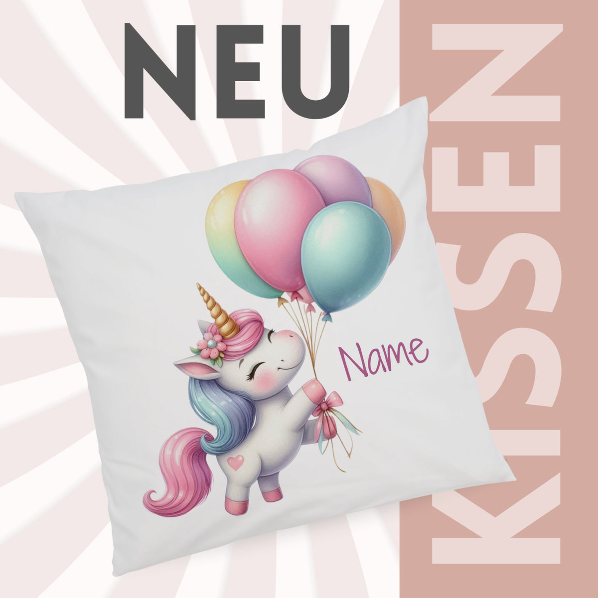 Kissen mit Einhorn und bunten Ballons, personalisierbar.