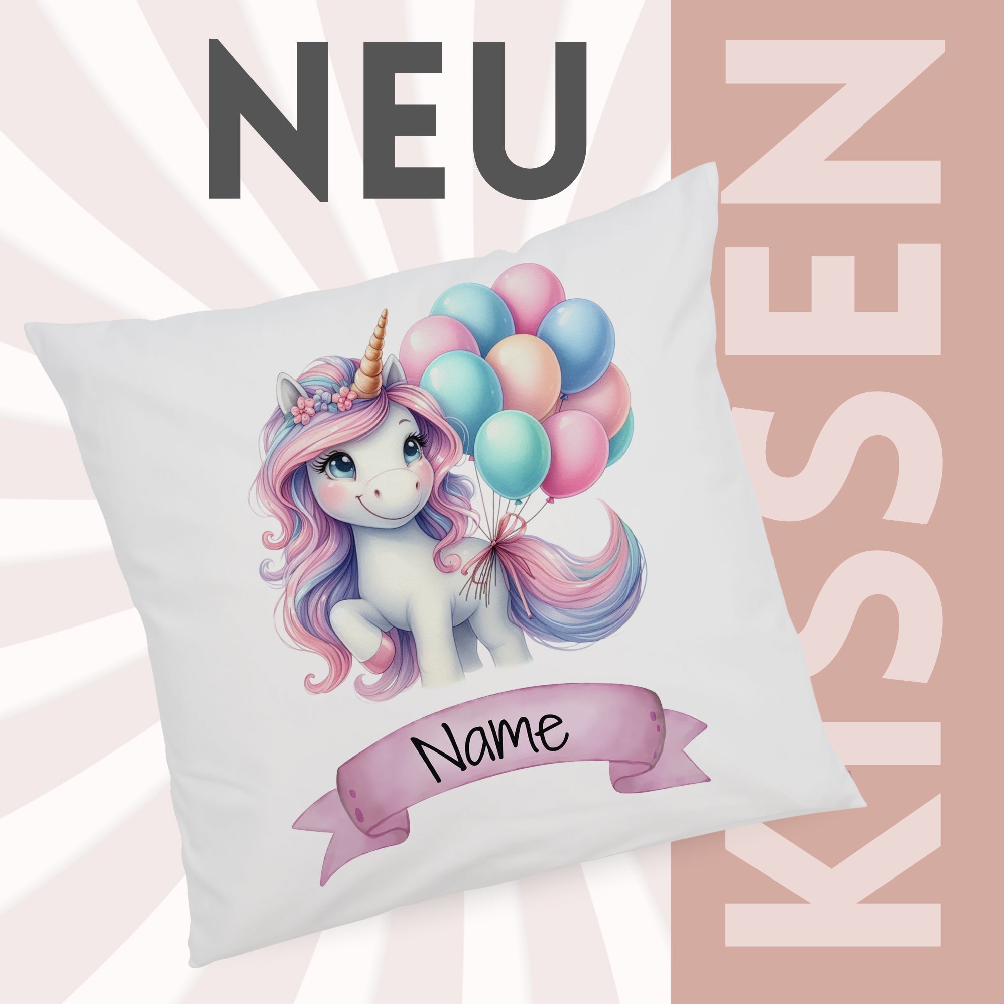 Kissen mit buntem Einhorn und Luftballons, personalisierbar.