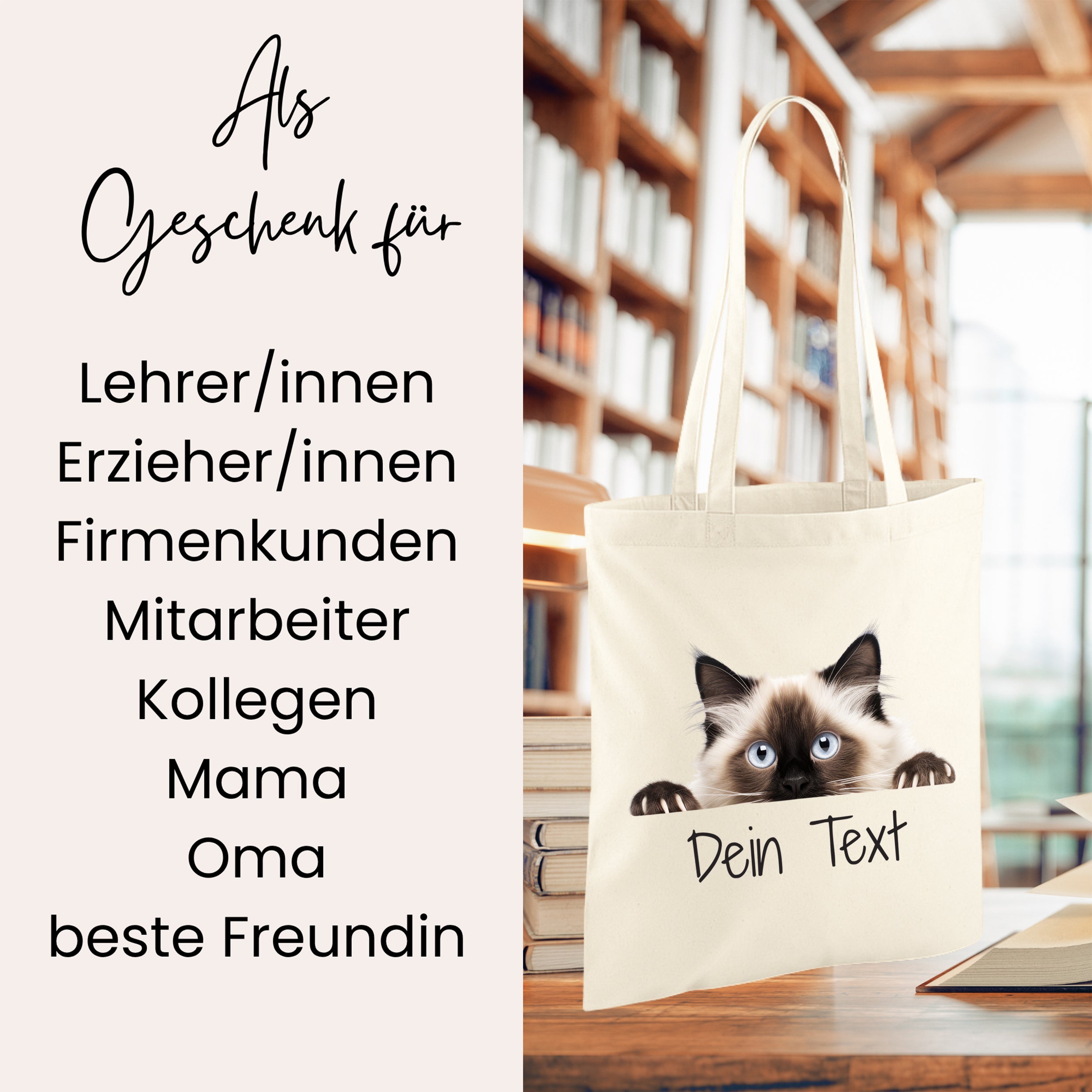 Beige Tragetasche mit Katze und personalisierbarem Text.