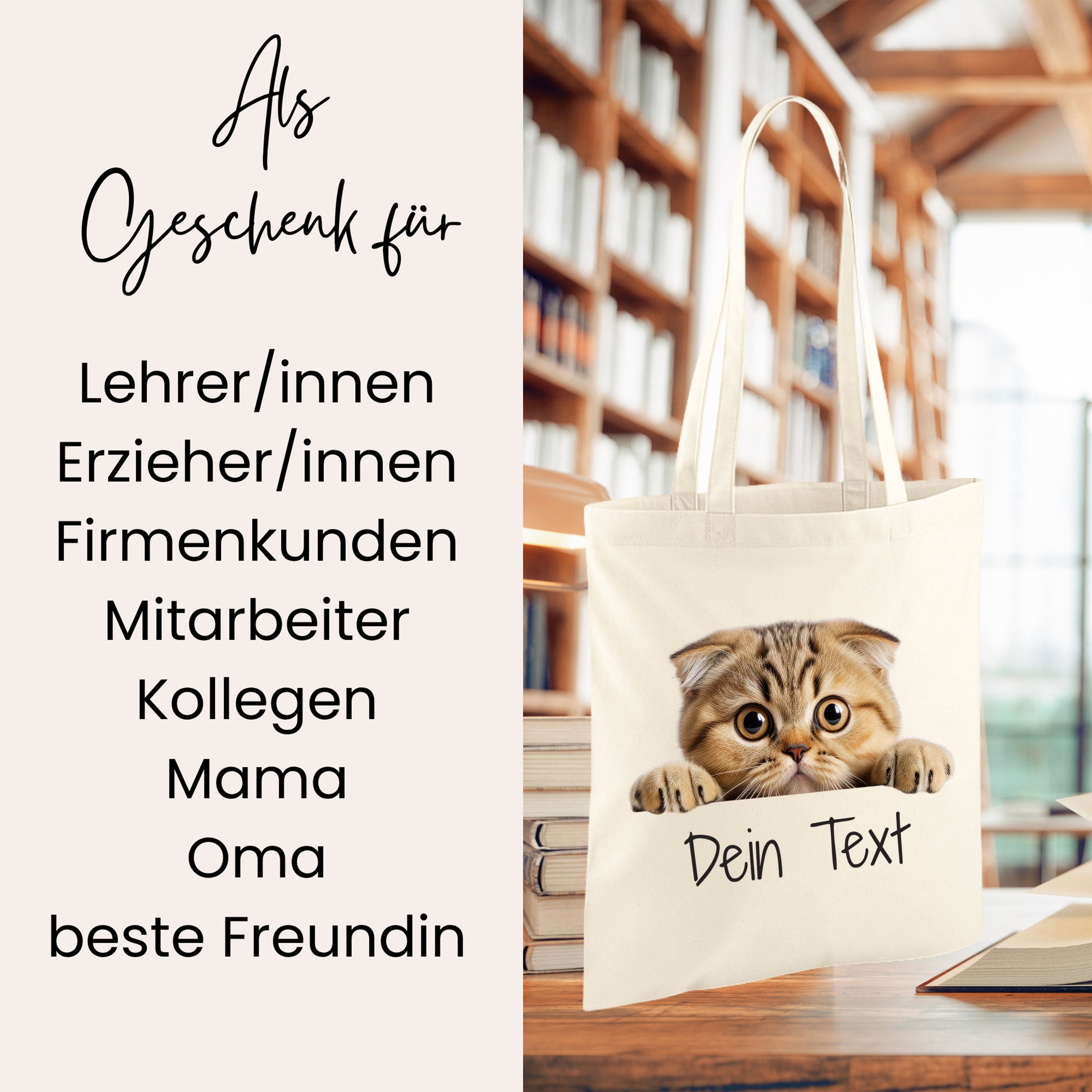 Beige Tasche mit Kätzchenmotiv und personalisierbarem Text.