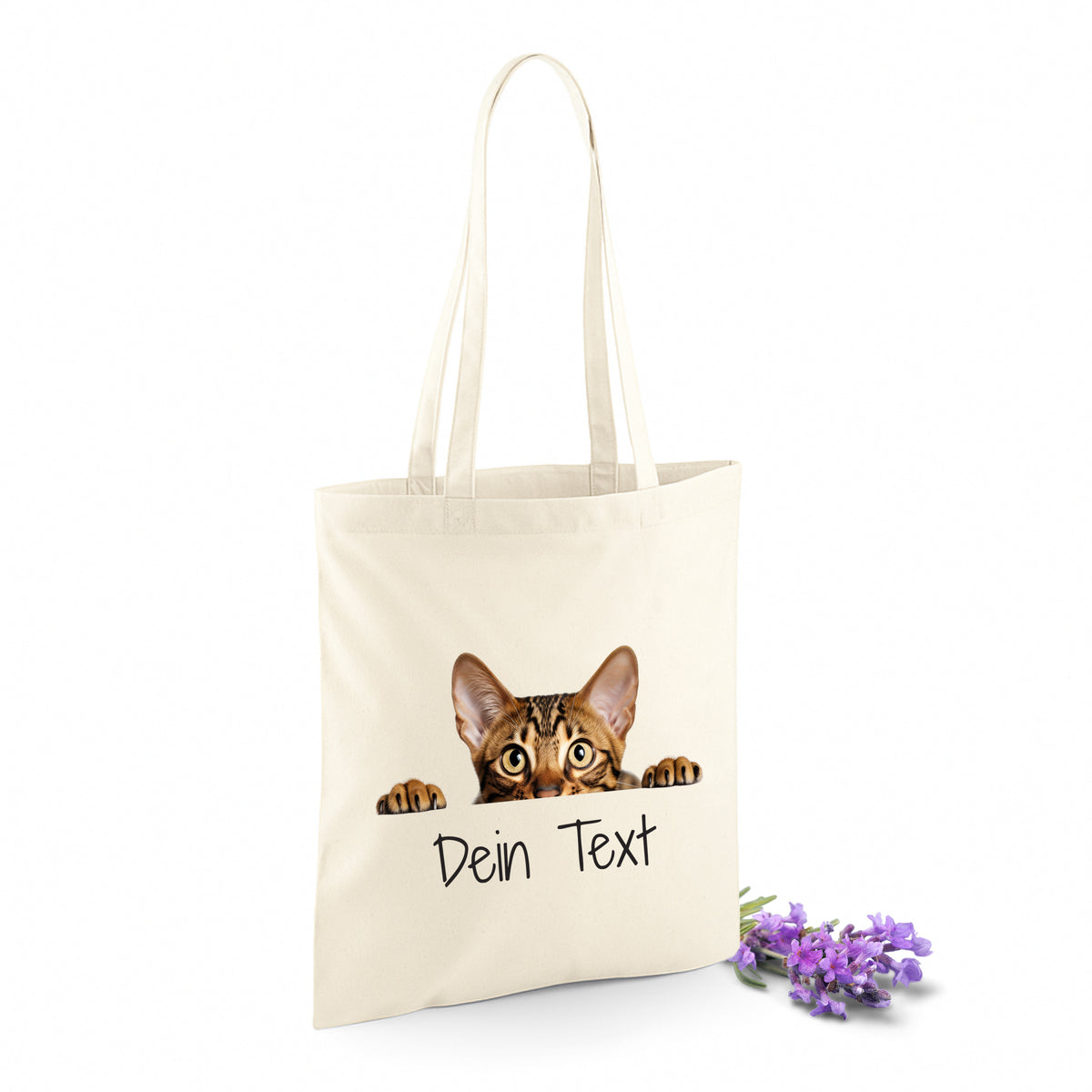 Beige Baumwolltasche mit Katzenmotiv und personalisierbarem Text.