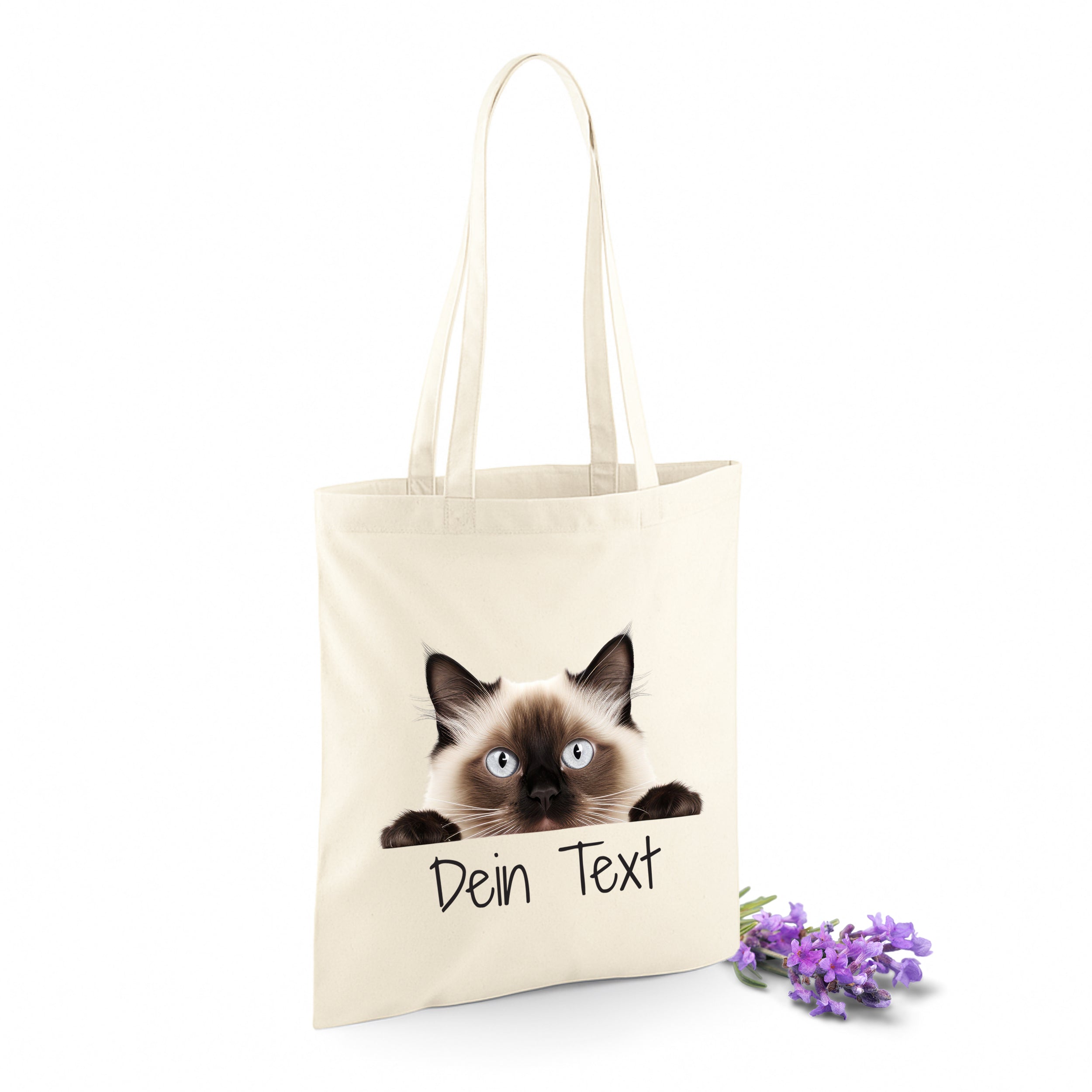 Beige Tragetasche mit Siamkatze und personalisierbarem Text.