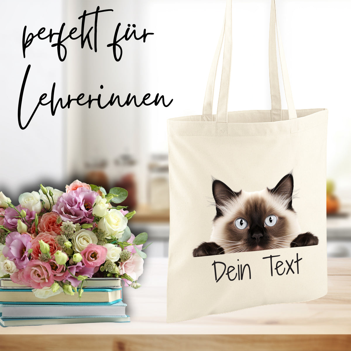 Beige Baumwolltasche mit Siamkatze und personalisierbarem Text.