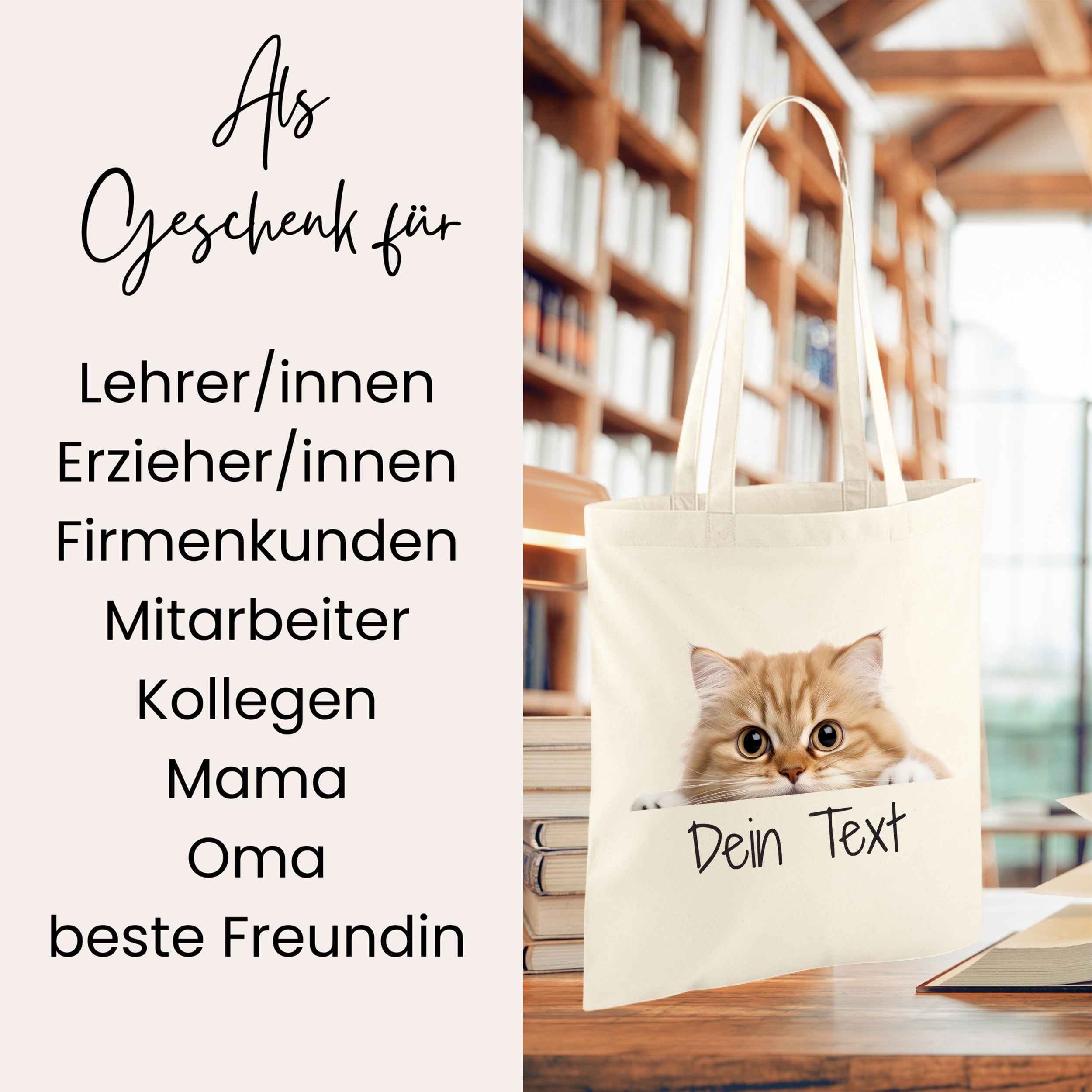 Beige Tragetasche mit Katze und personalisierbarem Text.