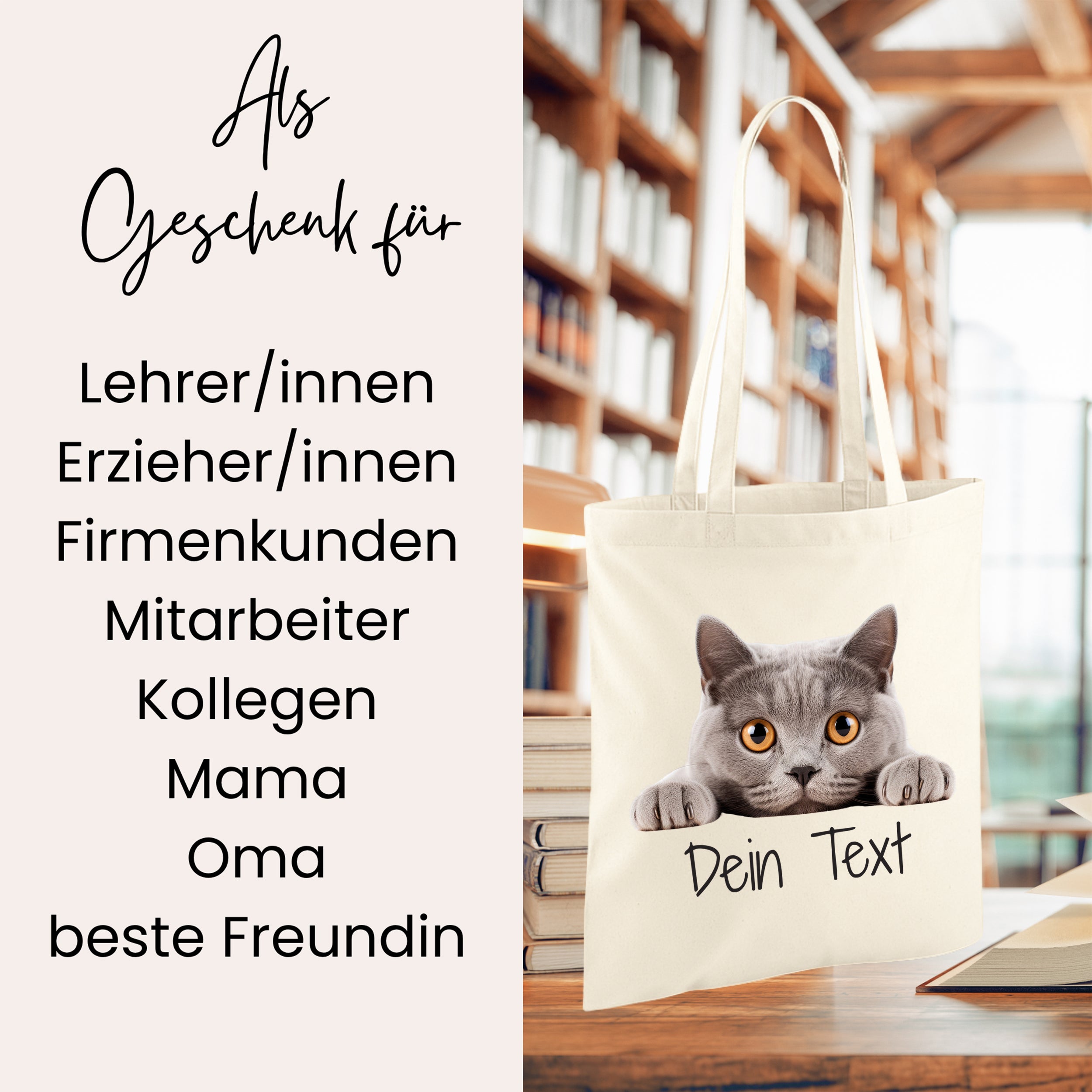 Beige Tasche mit Katzenmotiv, personalisierbar für verschiedene Anlässe.