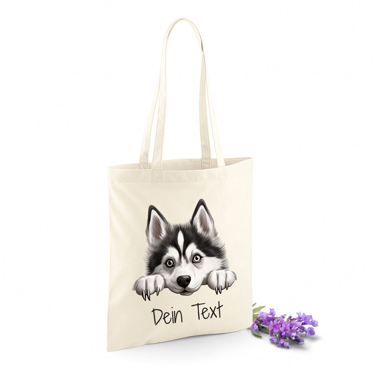 Beige Tasche mit Husky-Motiv und personalisierbarem Text.