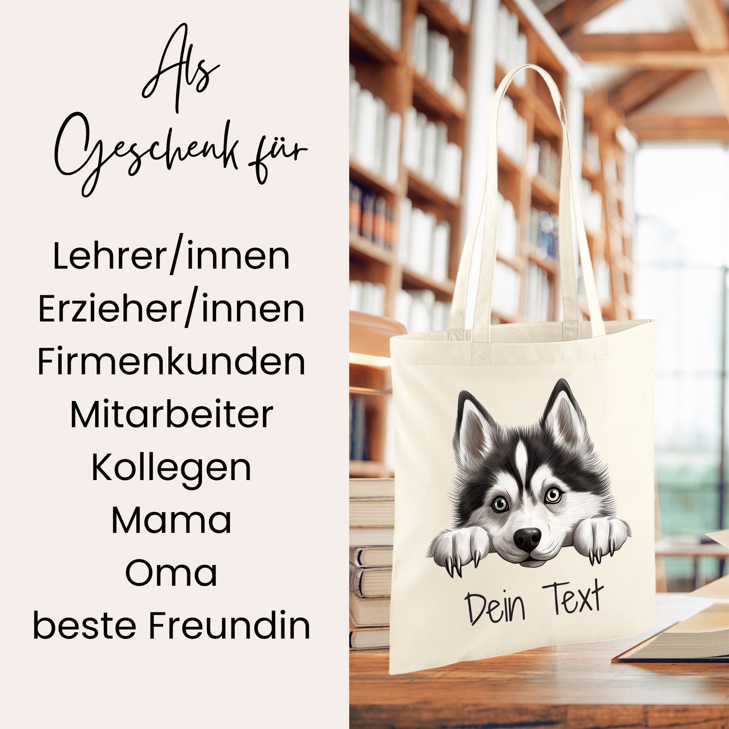 Beige Tragetasche mit Husky-Motiv und personalisierbarem Text.