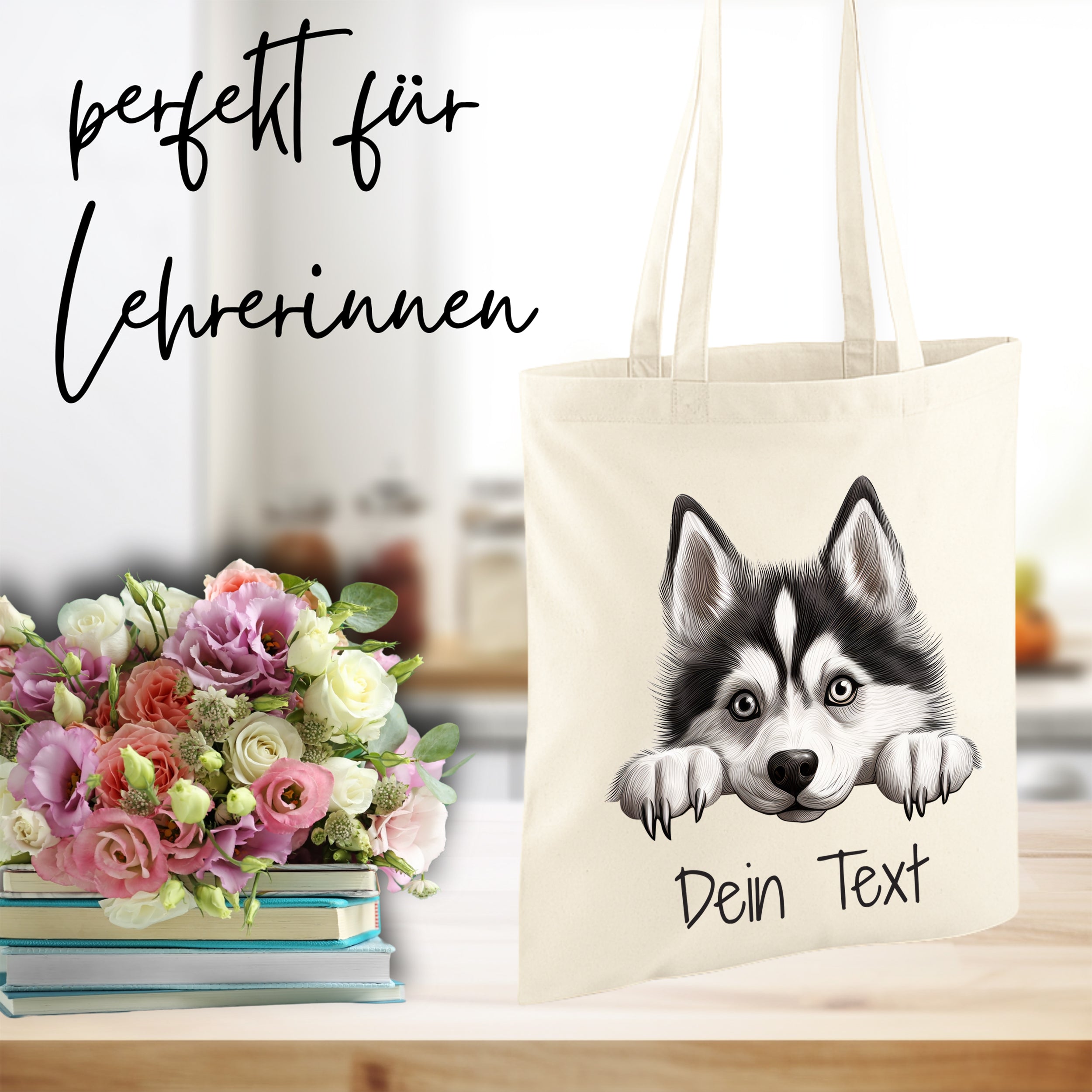Helle Stofftasche mit Husky-Motiv und personalisierbarem Text.