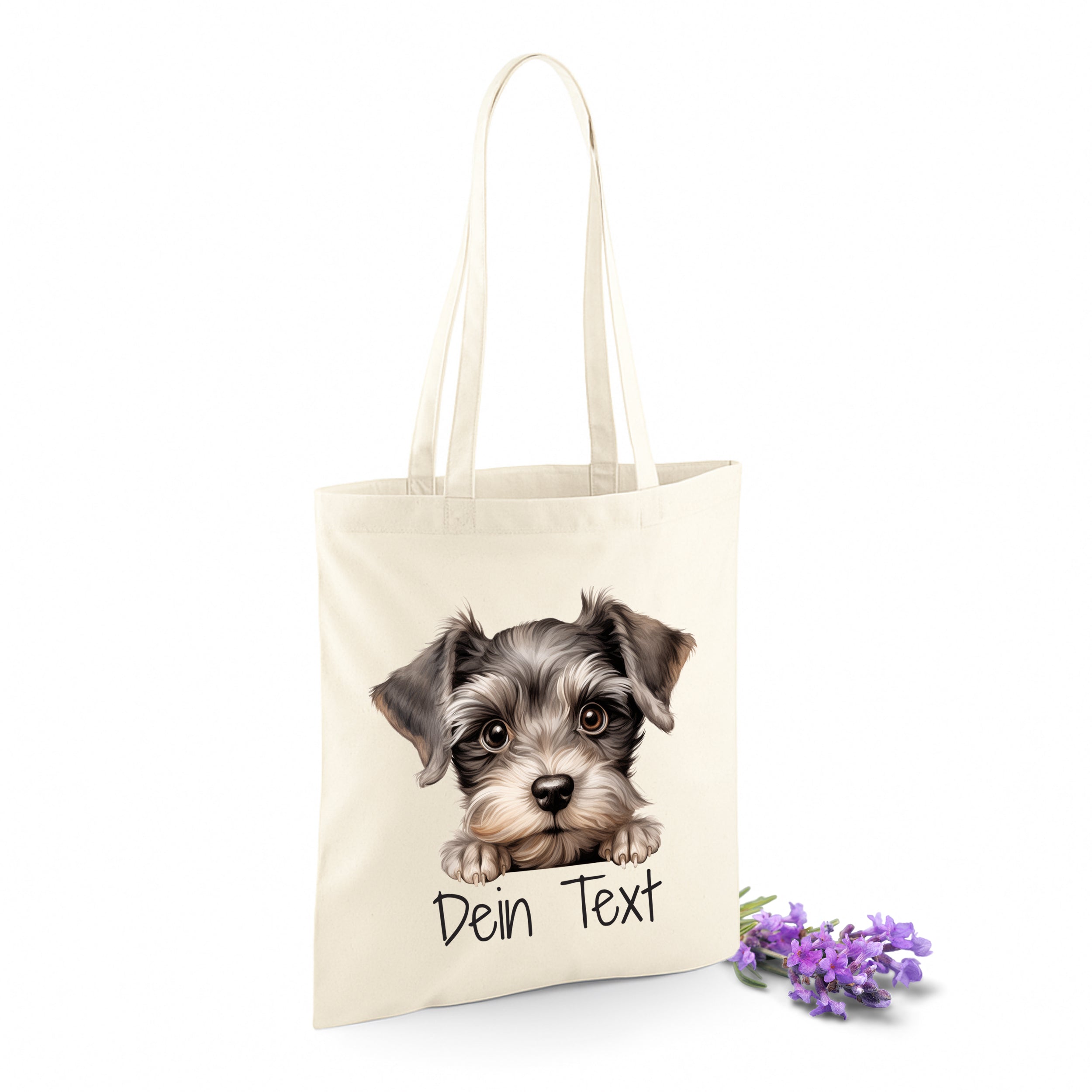 Beige Tasche mit Hundemotiv und personalisierbarem Text.