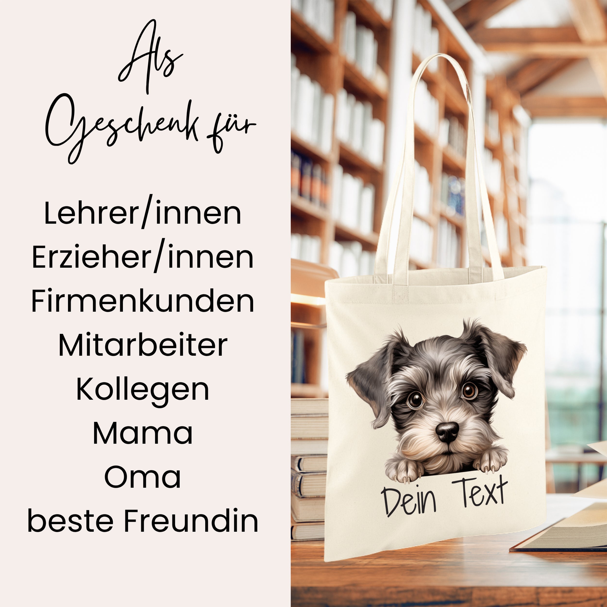Beige Stofftasche mit Hundemotiv und personalisierbarem Text.